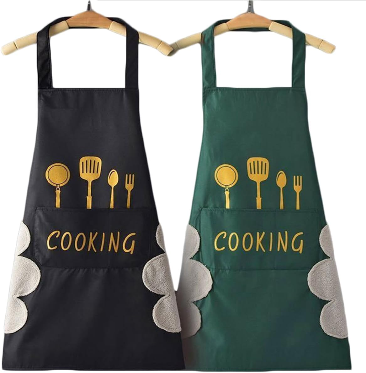 2 Pack Kitchen Cooking Aprons, Waterproof and Oil-Proof Wipe-Able Hand Apron, Chef Apron with Pockets for Women Men Black image number 2