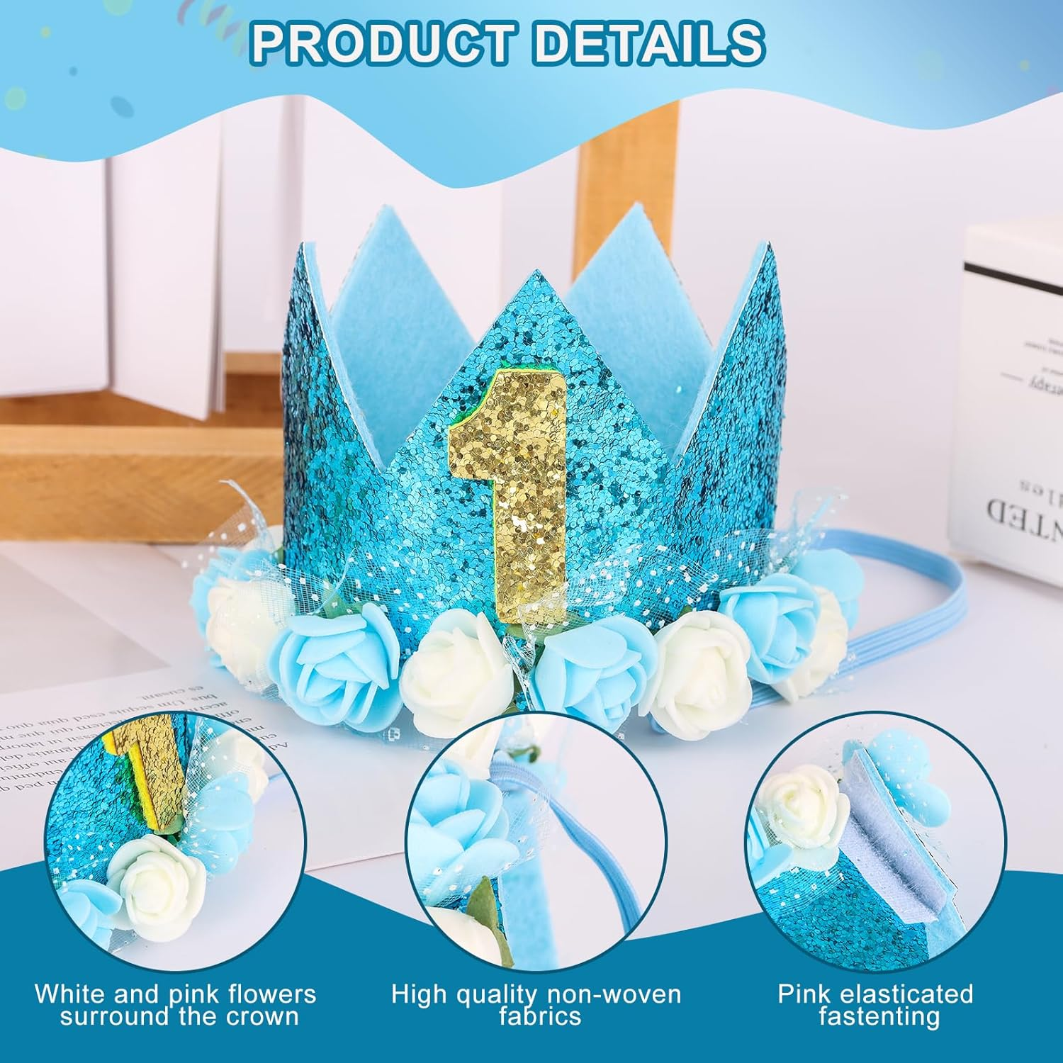 Kufaerbeam First Birthday Crown Hat and Birthday Flag for Baby Girls, 1St Birthday Crown Hat Decorations with Cute Floral, Headband Gift Photo Prop 1St Birthday Party Supplies for Baby image number 6