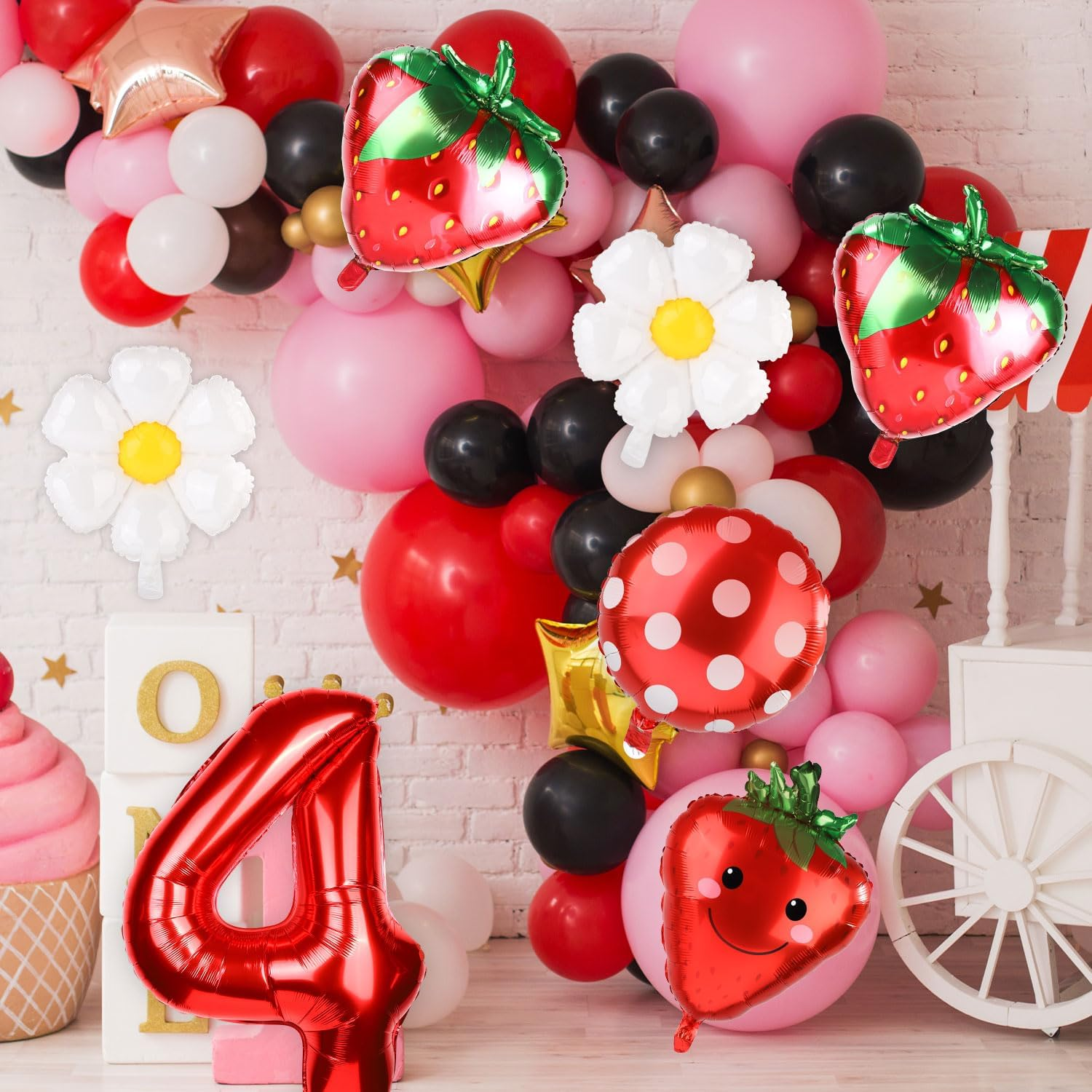 7Pcs Strawberry Party Balloons Kit, Strawberry Balloon Garland Sweet Number Strawberry Party Decorations Strawberry Foil Balloons for Birthday Backdrops (Number 4) image number 1