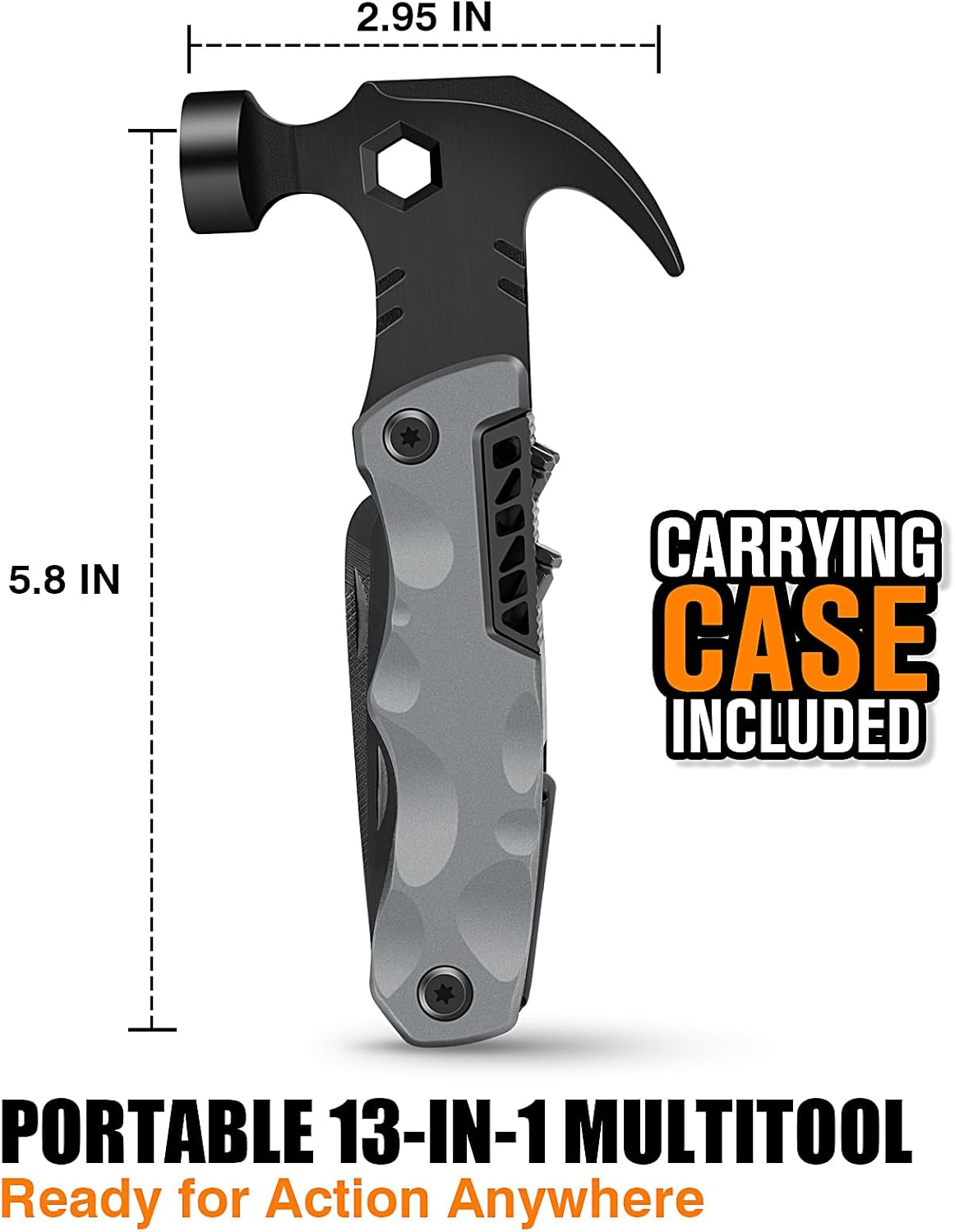 13-In-1 Multitool Gifts for Men - Cool Unique Gadgets Gifts Stocking Stuffers for Men Him Dad Husband - Camping Accessories for Outdoor, DIY, Repair, Gardening (Gray Hammer) image number 4
