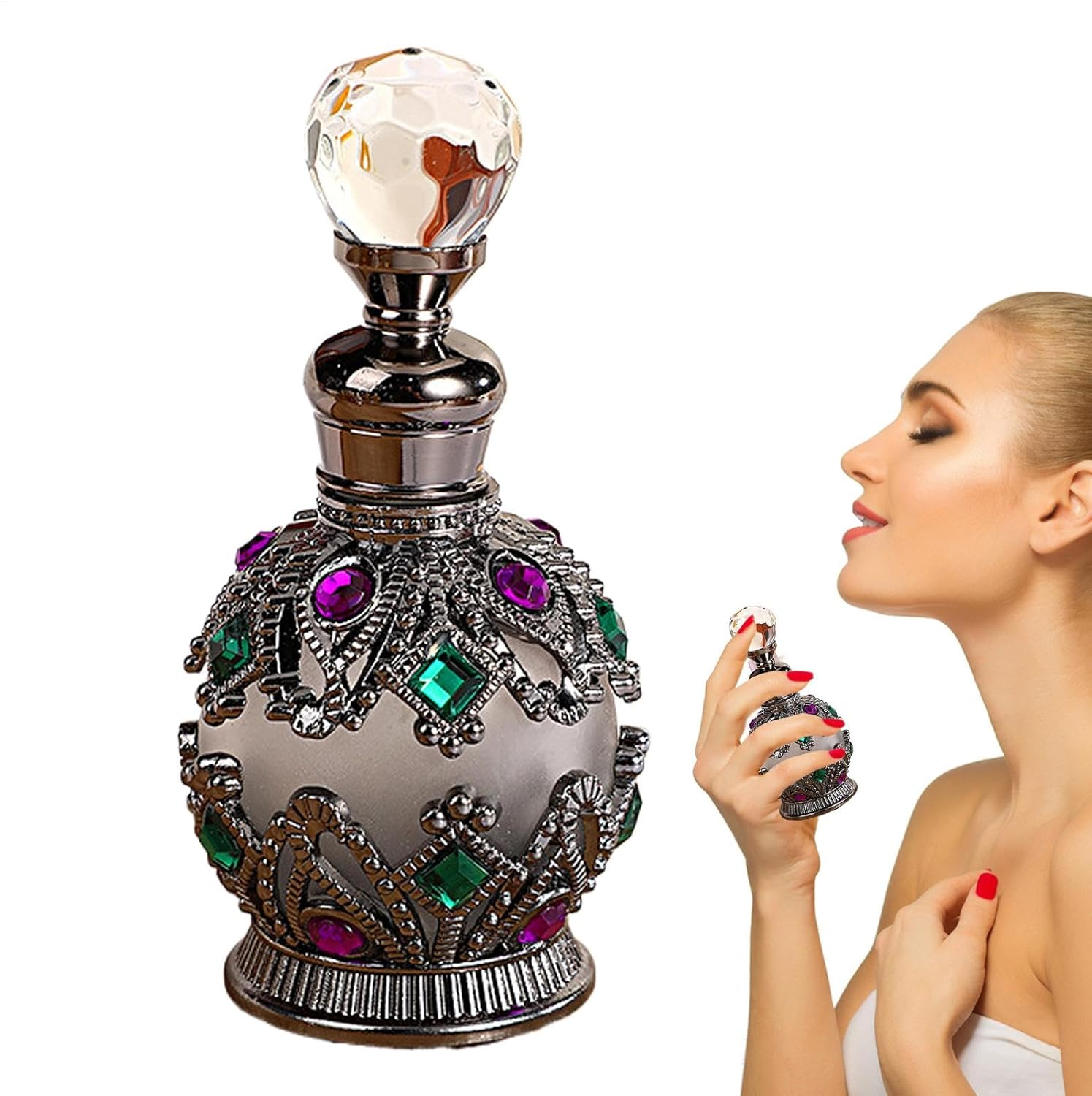 Qkbuza Refillable Bottle Empty Bottles Jewelry Inlaid Portable Cosmetic Fine Mist Bottle Atomizing Bottles Luxury Decorative Storage Container for Women - K.Grn image number 3