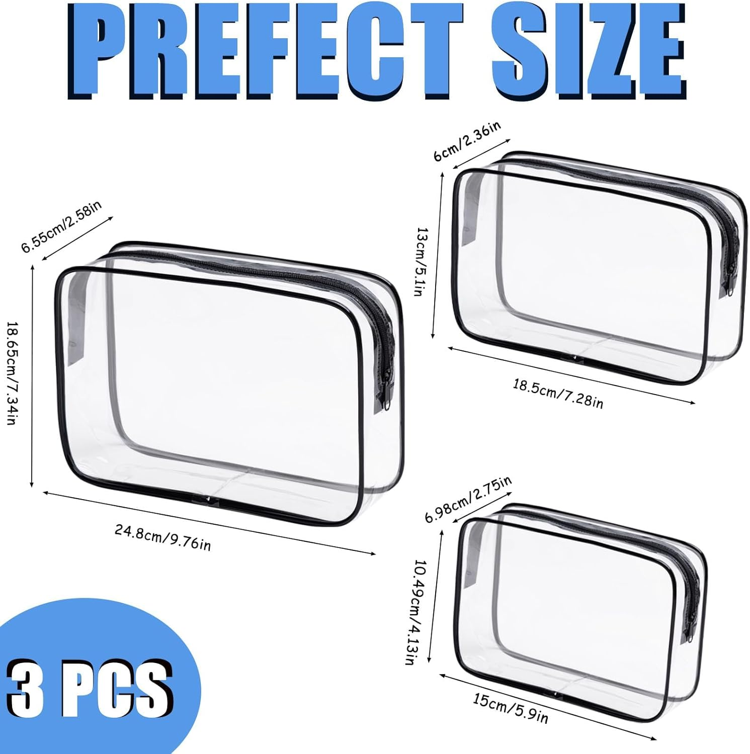 QAUARUMSUN 3Pcs Clear Cosmetic Bag Transparent Makeup Bag for Women Men Waterproof Travel Makeup Clear Toiletry Organizer Cosmetic Storage Pouch Case with Zipper, Convenient(Black)