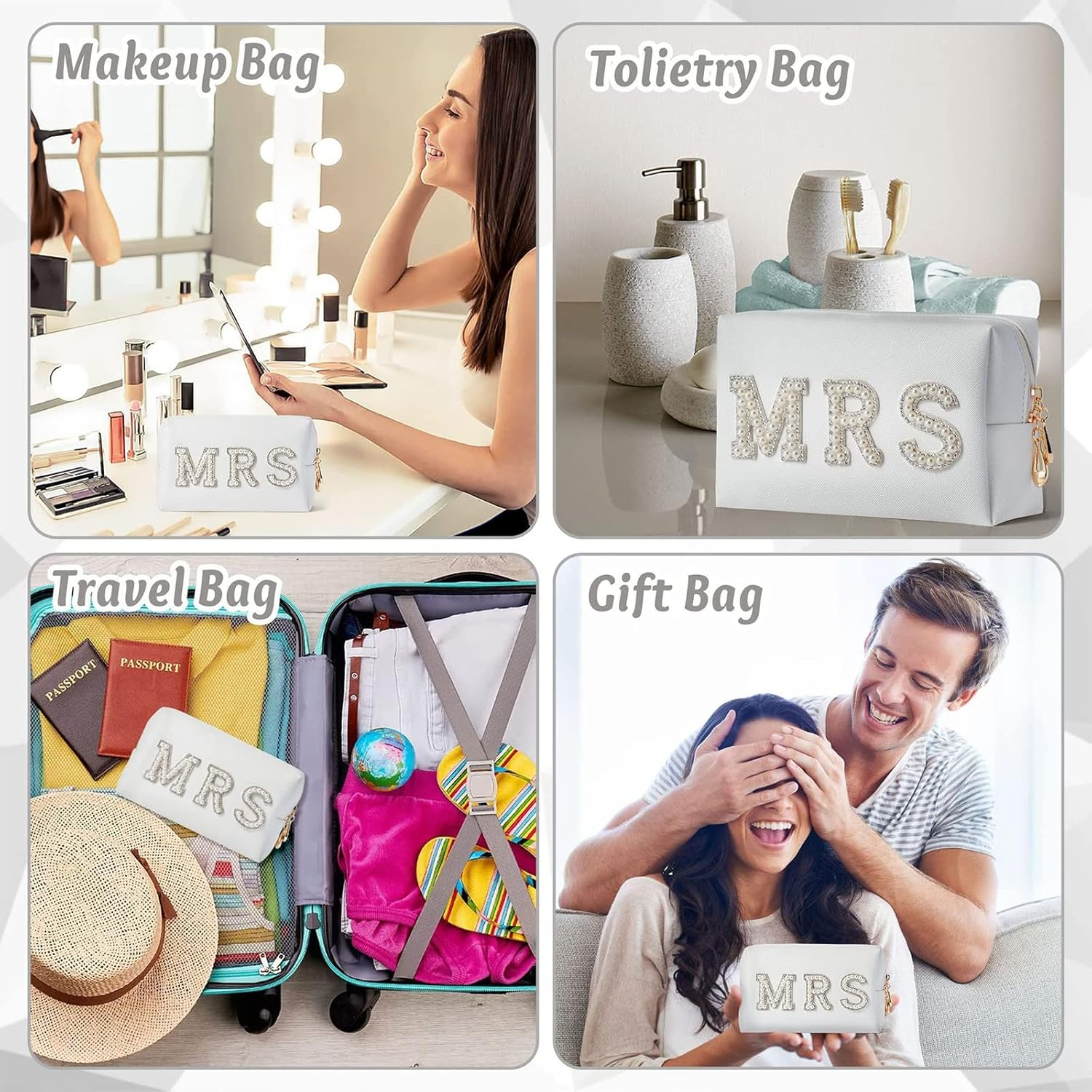 AGDGV Bling Varsity Letter Makeup Bag - Pearl Rhinestone Patches, PU Leather, Waterproof Zipper Purse for Women image number 4