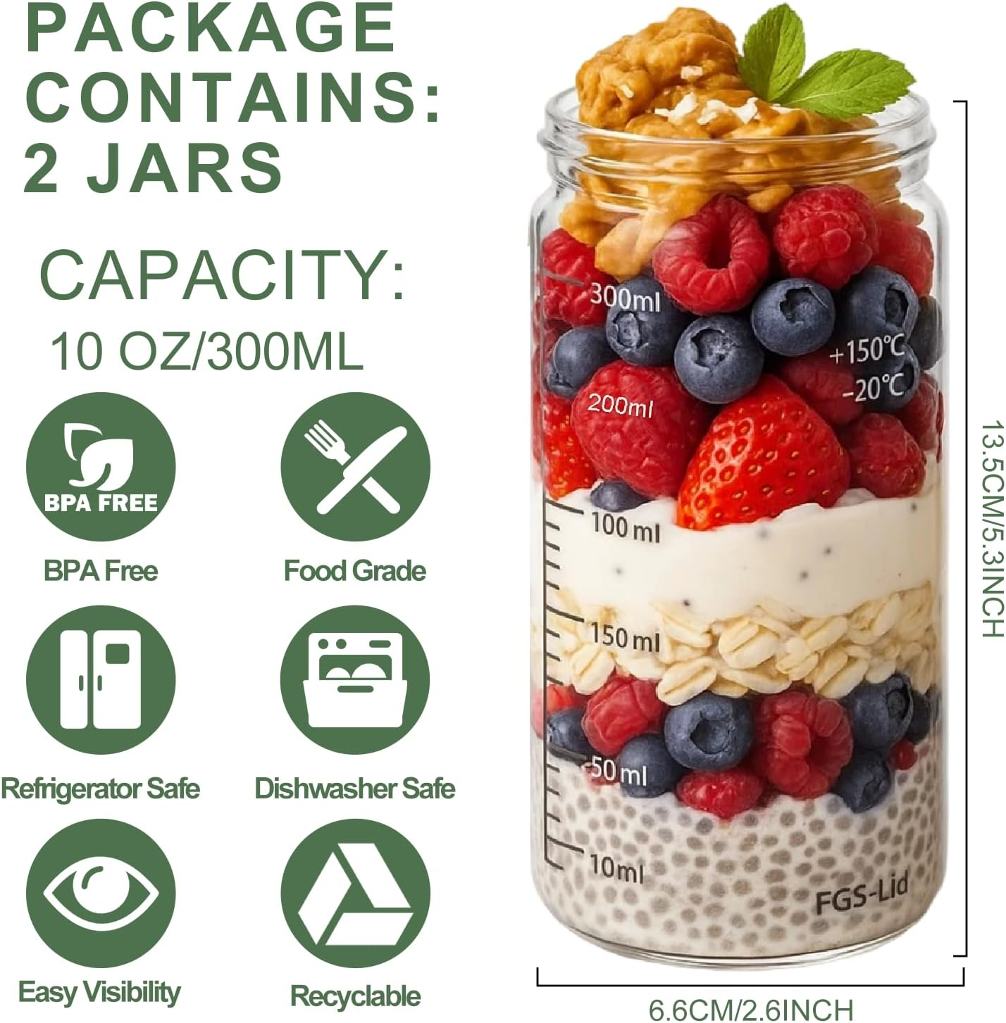 Overnight Oats Containers with Silicone Airtight Lids - 2-Pack 10Oz Wide Mouth Mason Salad Jars, Airtight Glass Containers/Meal Prep Jars for Juice, Chia, Pudding, Yogurt, Cereal, Sugar,Snack. - 2, Pink And Beige image number 4
