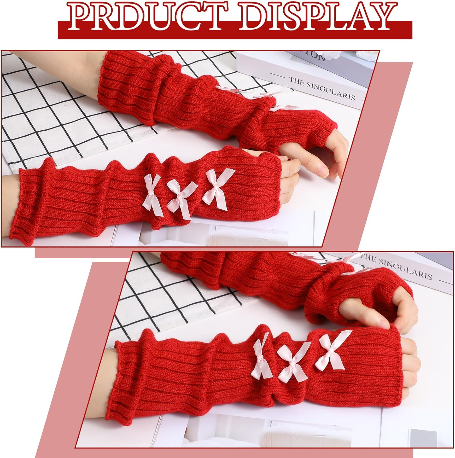 APLZGMG Knitted Arm Warmers, Long-Sleeve Gloves, Y2K Accessories with Bow, Harajuku Lolita Fingerless Mittens for Women Girl image number 4