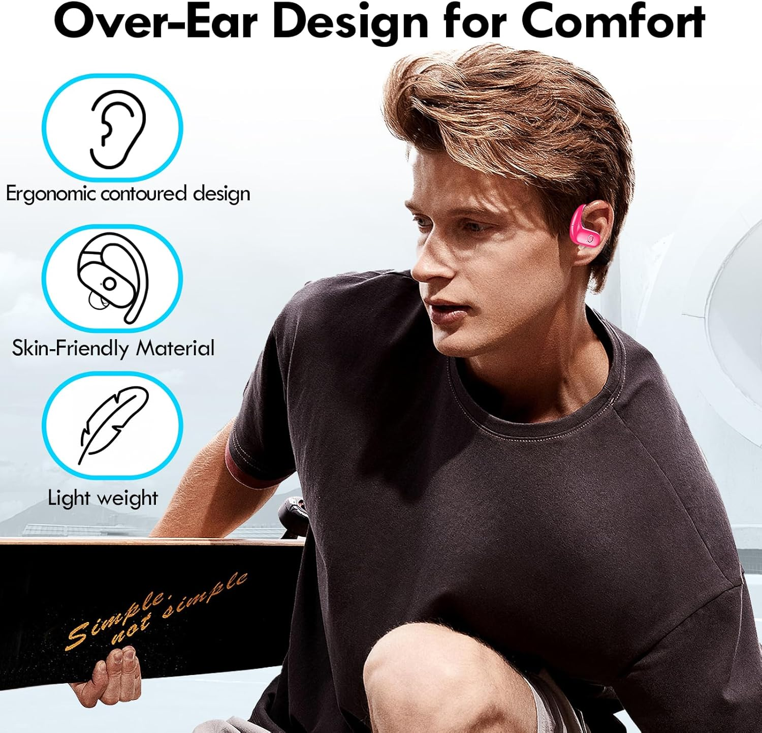 Kurdene Wireless Earbuds Bluetooth Headphones Sport,Over Ear Buds with Deep Bass Sound,60Hrs Playtime Earphones Redesigned Comfort Fit with Earhooks for Running,Meeting,Workout-Hot Pink image number 2