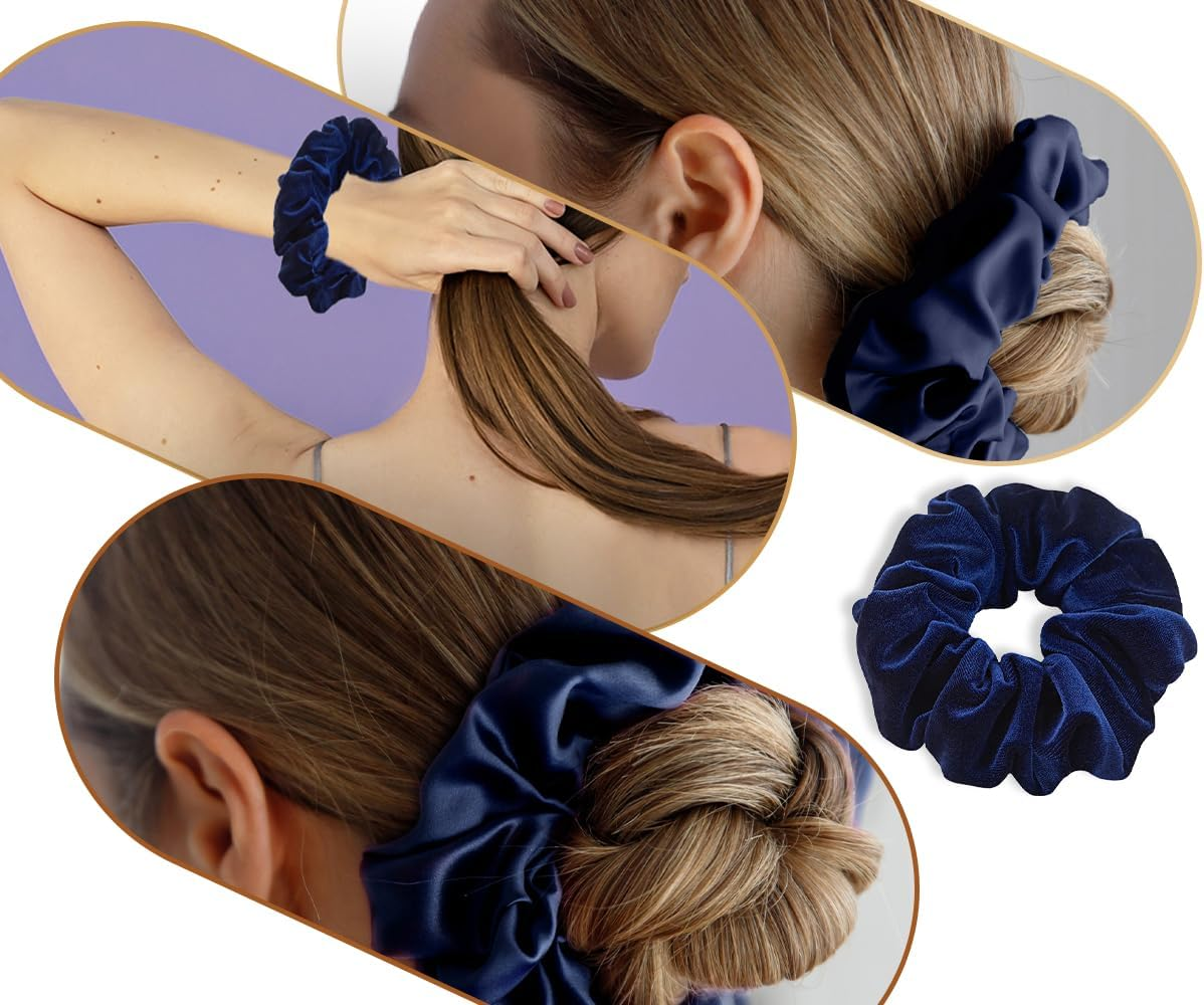 Emezddo Pack of 2 Hair Bobbles, Thick Scrunchies, Velvet Headband, Elastic Soft Headband, Fashion Headband, Cute Hair Accessories, for Long or Curly Hair, Women and Girls (Navy Blue) image number 5
