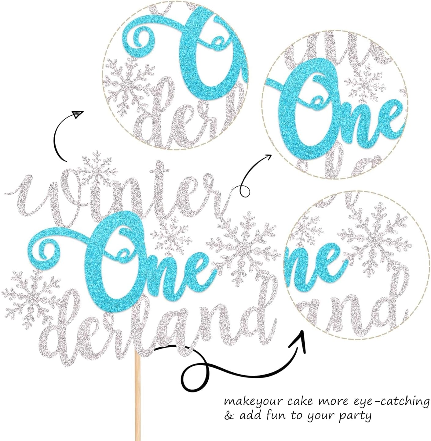 Sparkling Winter Onederland Snowflake Birthday Cake Topper - Glittery Silver and Blue Snowflake Theme Decorations for First Birthdays and Winter Celebrations (Blue) - Pink image number 3