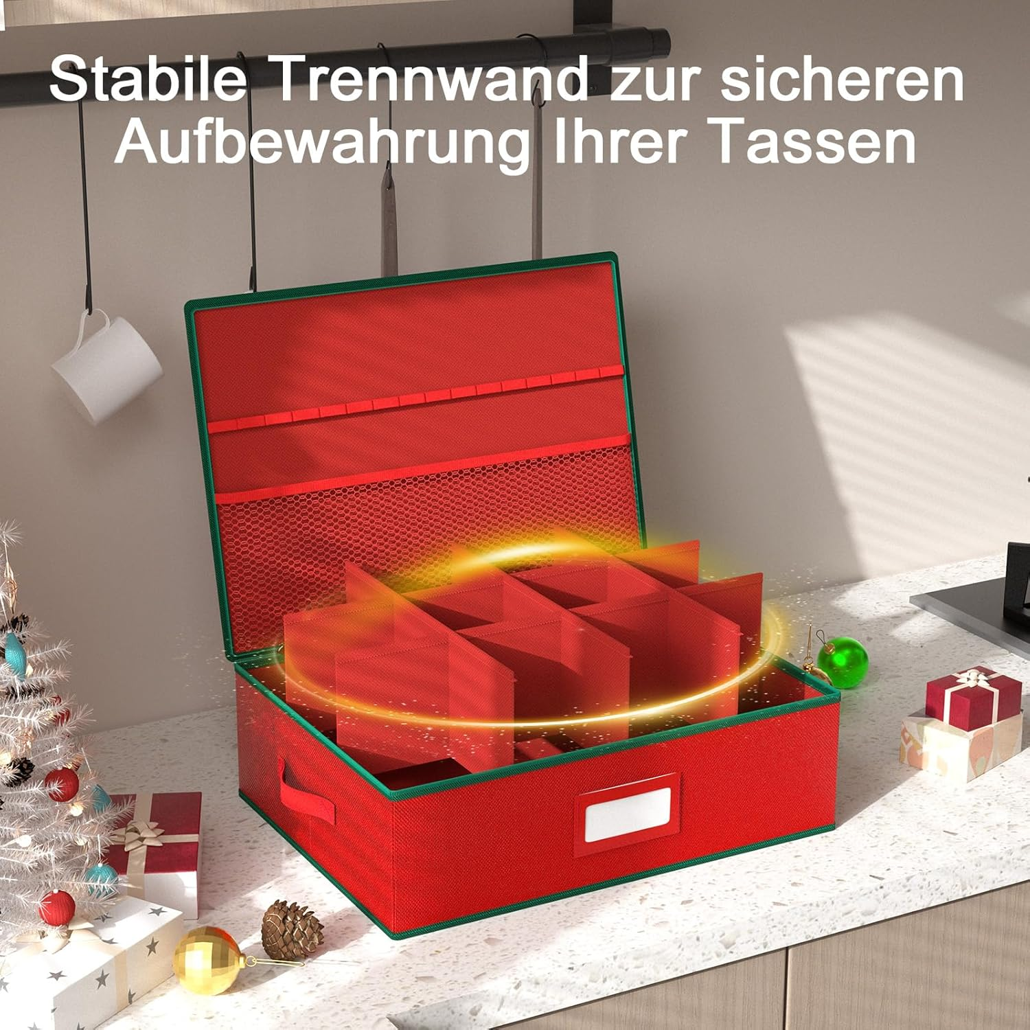 VERONLY Christmas Mug Storage Box Organiser - Stackable Hard Case Box with Dividers, Mesh Bag, Lid, Handles, for 12 Cups in Cupboard, Christmas Decoration (Red)