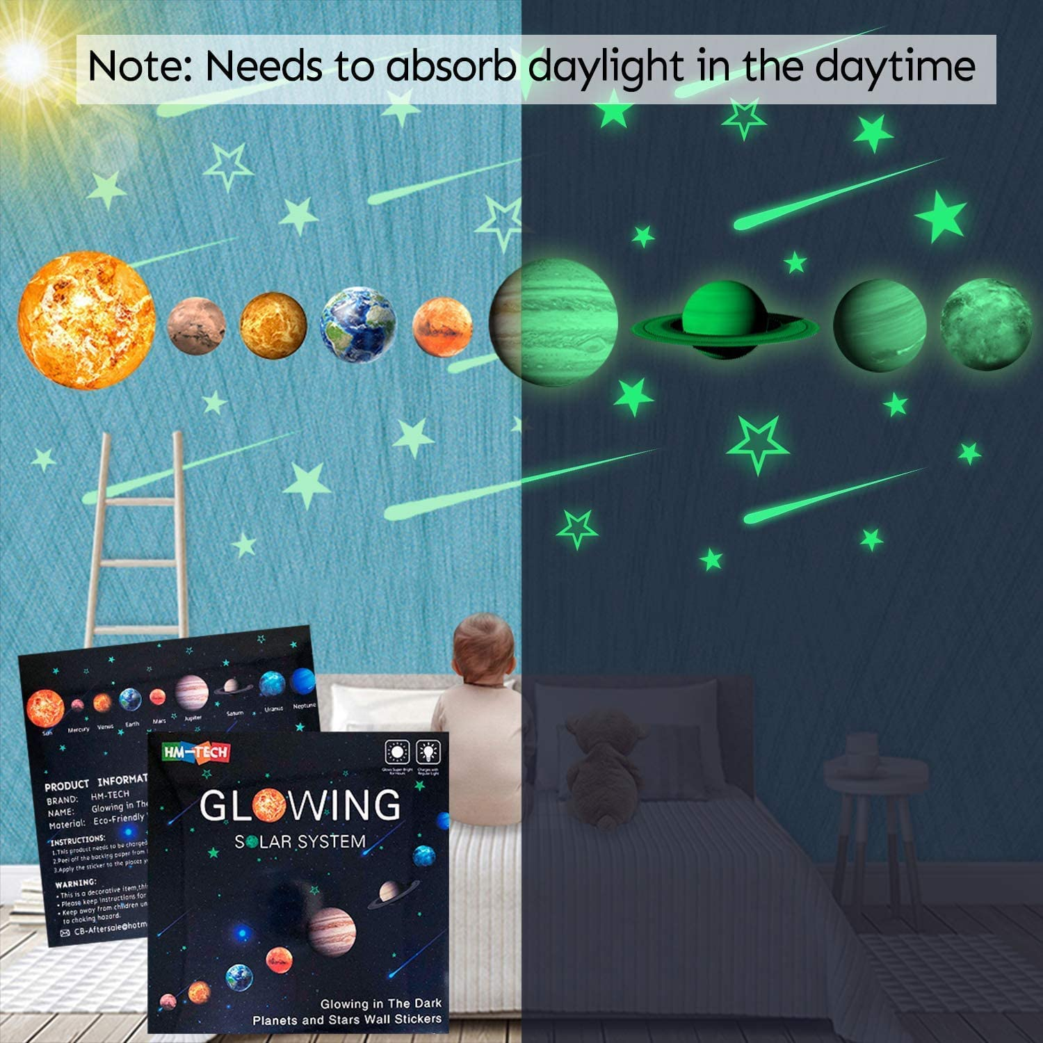 Glow in the Dark Stars and Planets, Bright Solar System Wall Stickers -Sun Earth Mars,Stars,Shooting Stars and so On,9 Glowing Ceiling Decals for Bedroom Living Room,Shining Space Decoration for Kids image number 3