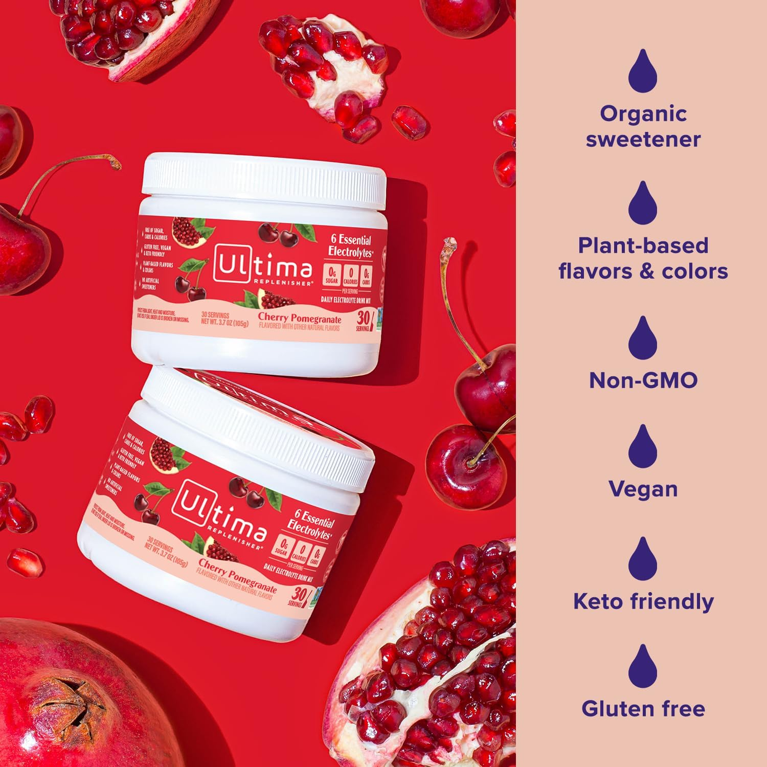 Ultima Replenisher Electrolyte Powder, Cherry Pomegranate, 30 Serving Canister - Sugar Free, 0 Calories, 0 Carbs - Gluten-Free, Keto, Non-Gmo with Magnesium, Potassium, Calcium image number 6