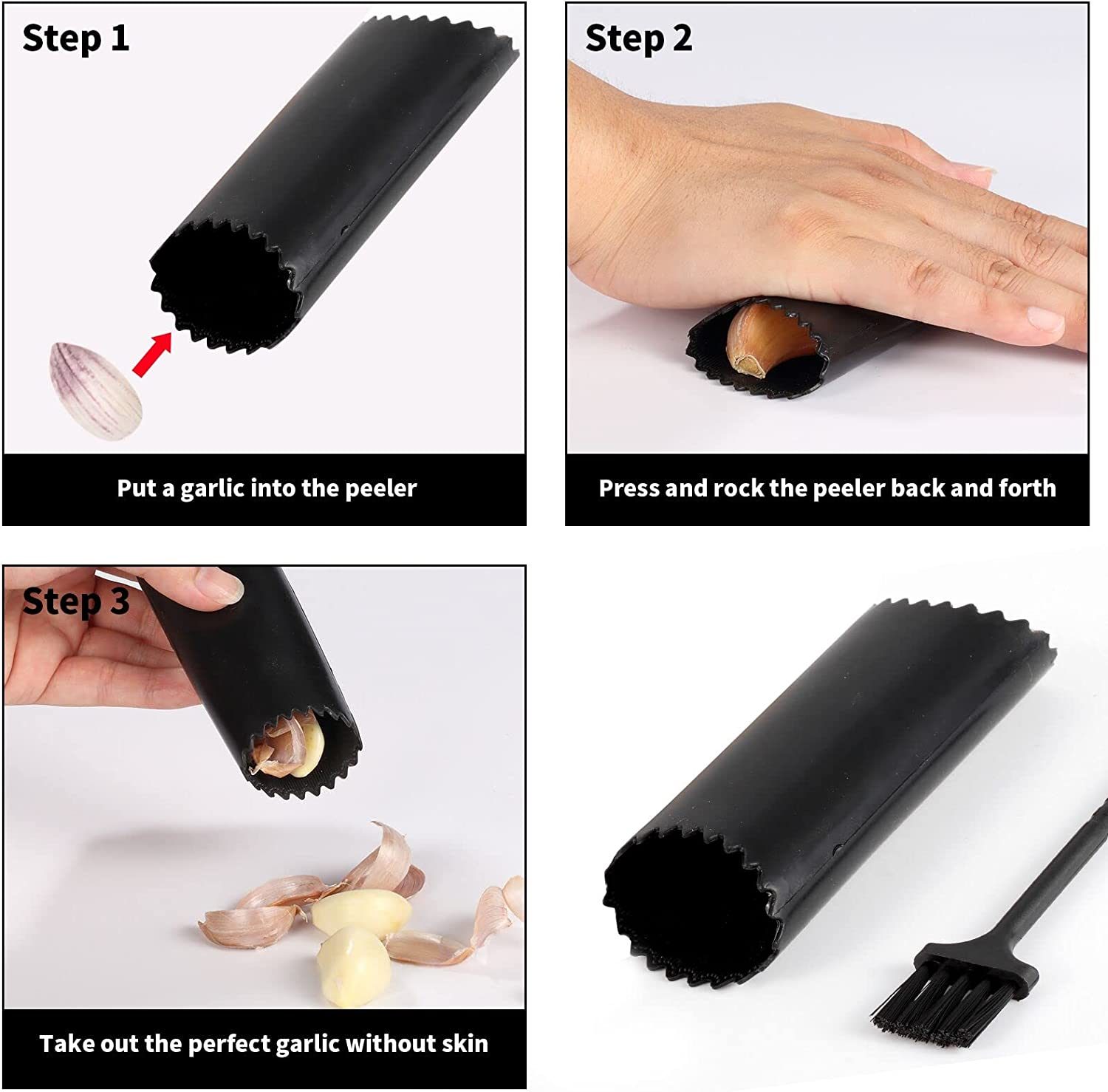 2 Pack Garlic Press Rocker, Stainless Steel Garlic Mincer with 2 Peelers, 2 Scrapers and 2 Brushes | Garlic Crusher Garlic Chopper for Smashing Garlic