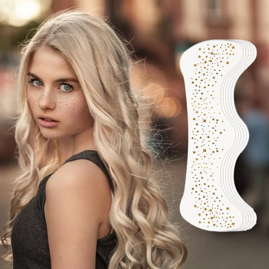 HQRKOTM 6 Pieces Sparkling Freckles Face Tattoos Fake Freckles Makeup Plasters Sparkling Freckle Patches Glow in the Dark Makeup Patches Party Accessory (Gold) image number 1