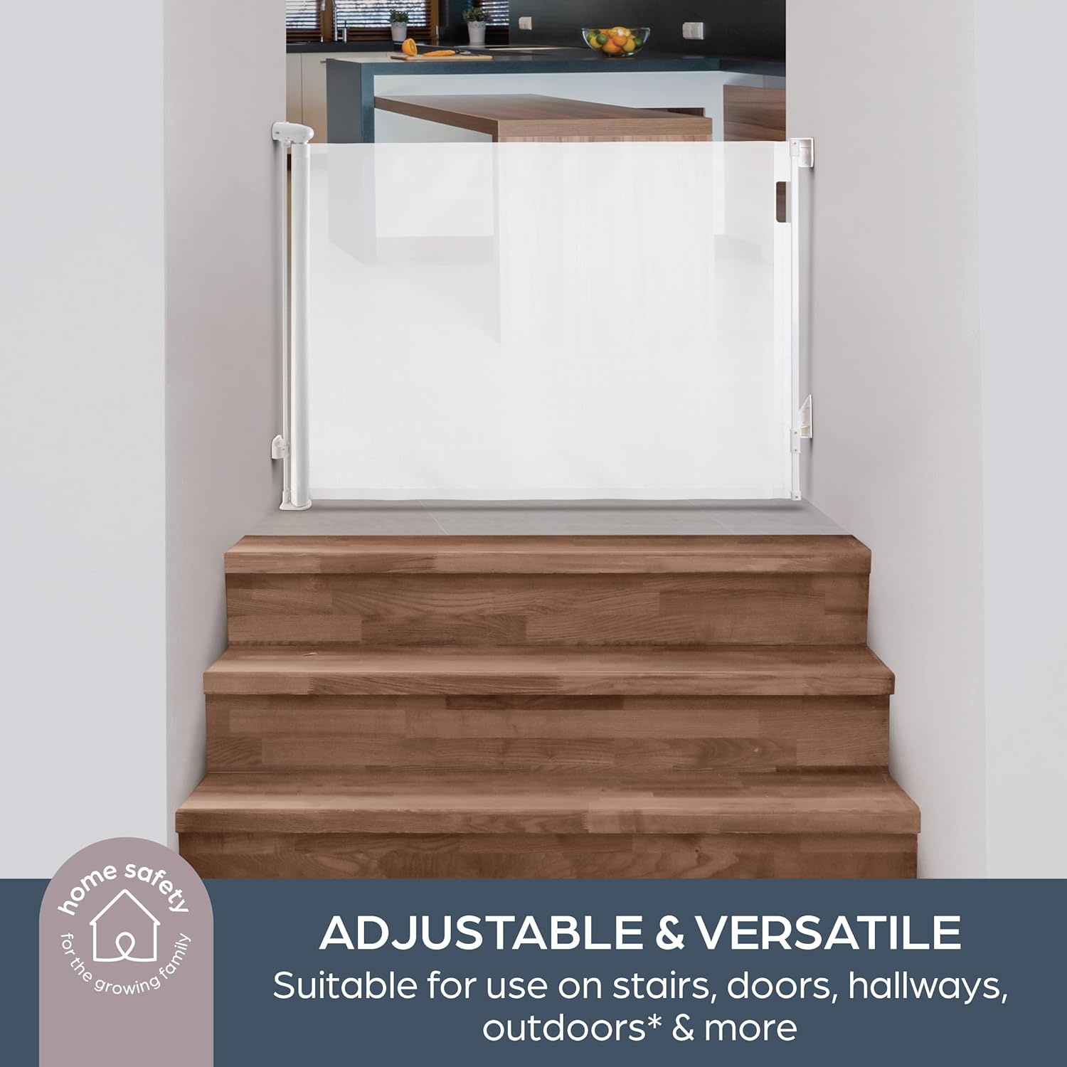 Dreambaby Retractable Safety Stair Gates for Baby, Dog Gate, Extra Wide Mesh Retractable Baby Gate Fits up to 140Cm, Tall 90Cm. 2X Ezy-Check Lock Indicators, Hardware Mounted Baby Gate (White) image number 1