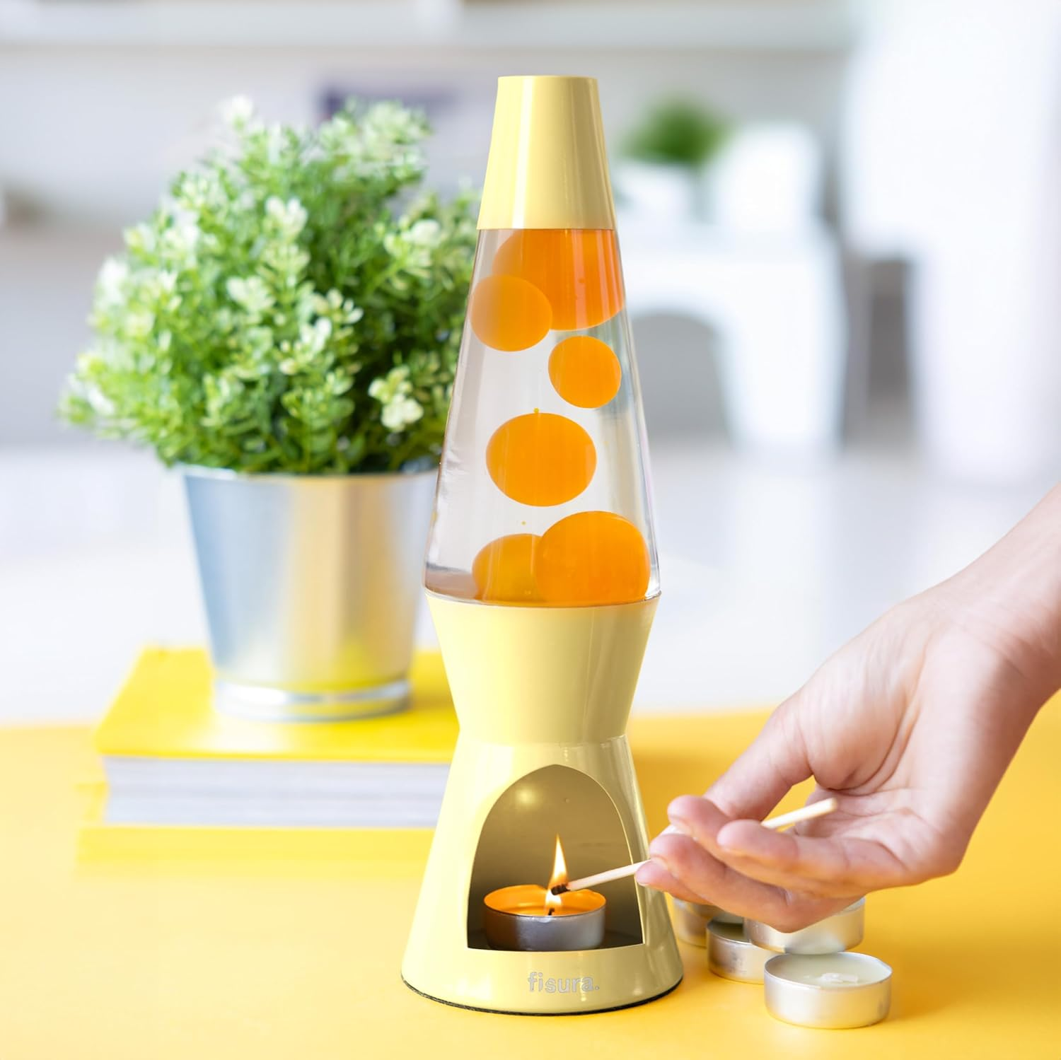 Fisura - Yellow Lava Lamp without Electricity. Environmentally Friendly Lamp. Original Gift. 29 Cm X 8.5 Cm (Candle Not Included) - Blue And Orange Candle image number 5