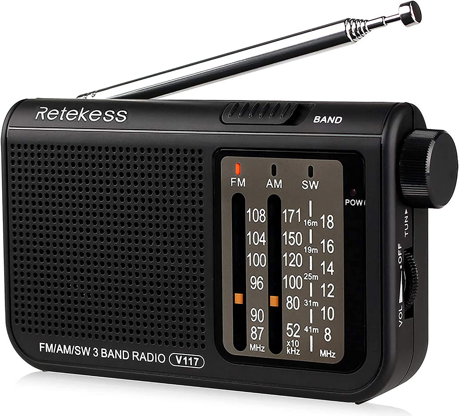 Retekess V-117 Portable AM FM Radio with Shortwave Battery Powered Transistor 3.5Mm Headphone Jack Speaker Small Compact Pocket Radios(Black) image number 5