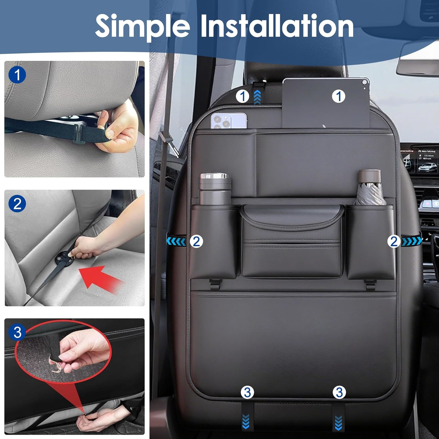 Car Seat Protector for Child Kids, Auto Seatback Kick Mat & Backseat Organiser, Universal Waterproof Anti-Fouling Nappa Leather Upholstery Protection Accessories for SUV, Sedan, Truck (Black) image number 1
