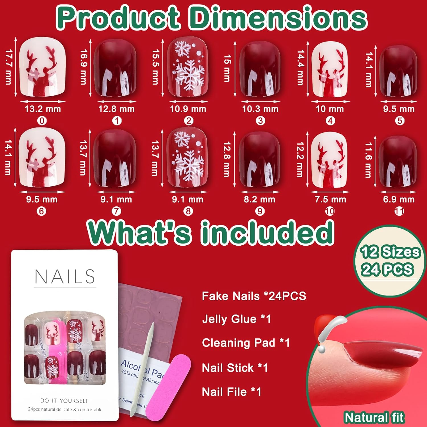 Yazikisa Christmas Press on Nails Short Square Fake Nail Snowflake Xmas Elk Winter Red Glue on Full Cover Glossy Acrylic False Fingernails for Women Girls New Years 24 Pcs image number 4