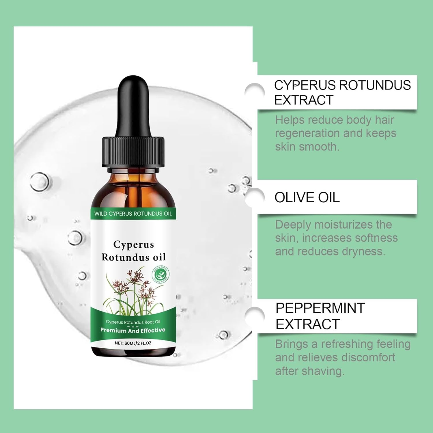 Cyperus Rotundus Hair Removal Oil 60Ml - Peptide-Infused Reduces Unwanted Hair Growth & Shrink Pores, Moisturizes Soothes Skin for Sensitive Face Body Legs & after Shave Natural Soothing (1 Bottle) - 2 Bottles image number 4
