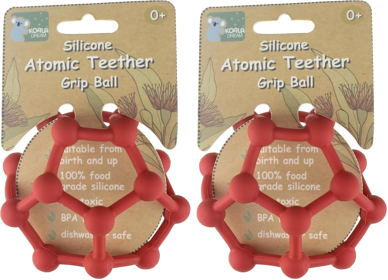 Koala Dream Silicone Atomic Teether Grip Ball - Red | Bpa-Free, Sensory Toy, Easy to Hold image number 2
