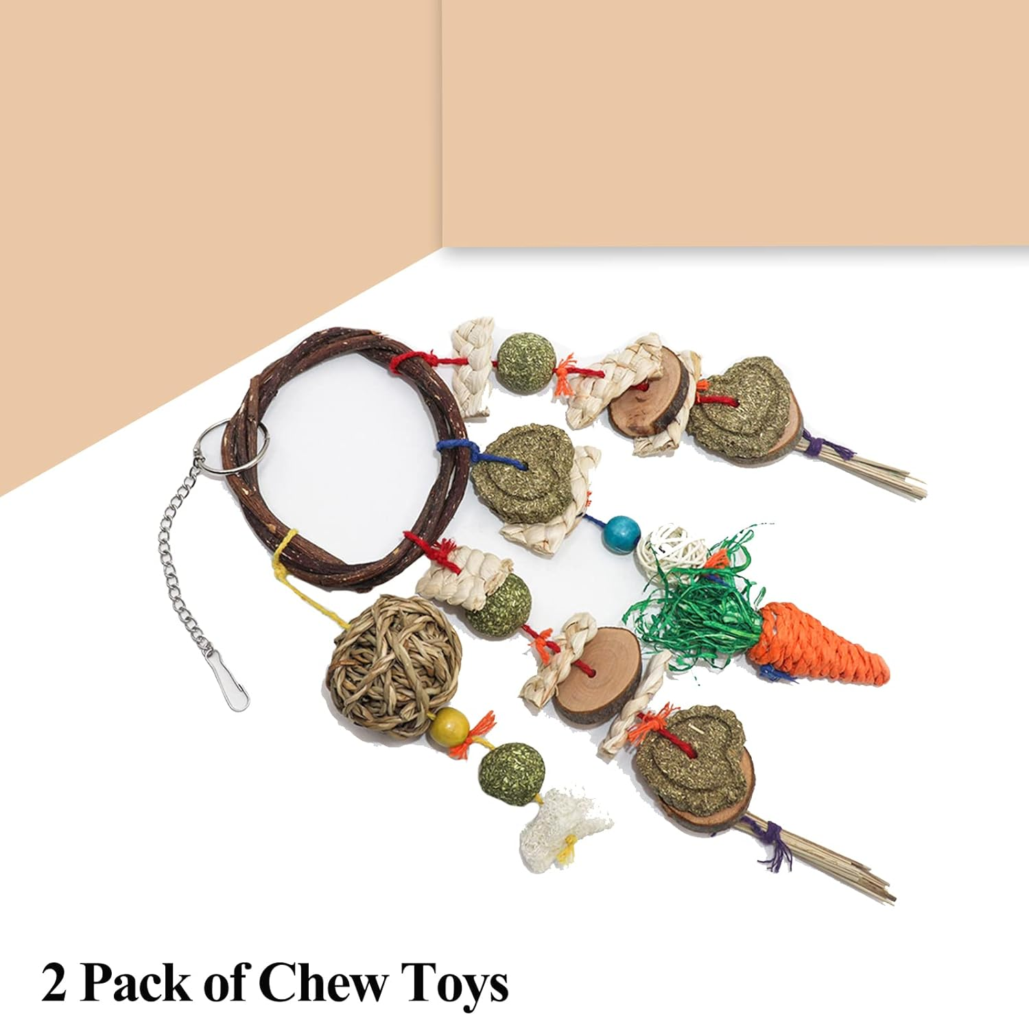 Grddaef Rabbit Chew Toys, Bunny Cage Hanging Toys Rattan Ring Treats Grinding Teeth for Rabbit Guinea Pig Chinchilla Hamster Ferret image number 1