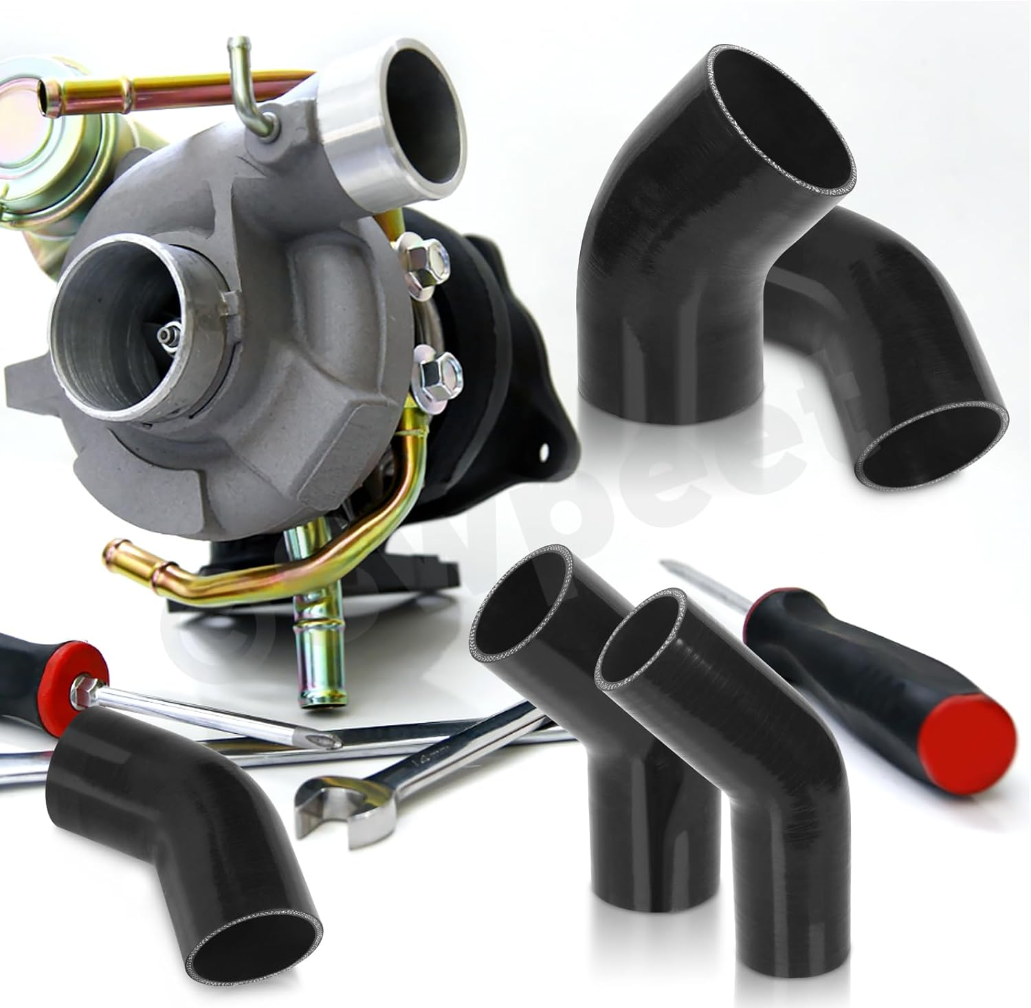 Swpeet 3Pcs 2.5 Inch - 63Mm 45 Degree Elbow 4-Ply Reinforced Silicone Hose with 59-82Mm 304 Stainless Steel T Bolt Hose Clamp Kit, Automotive Pure Silicone Hose for Turbo Intake Intercooler image number 1