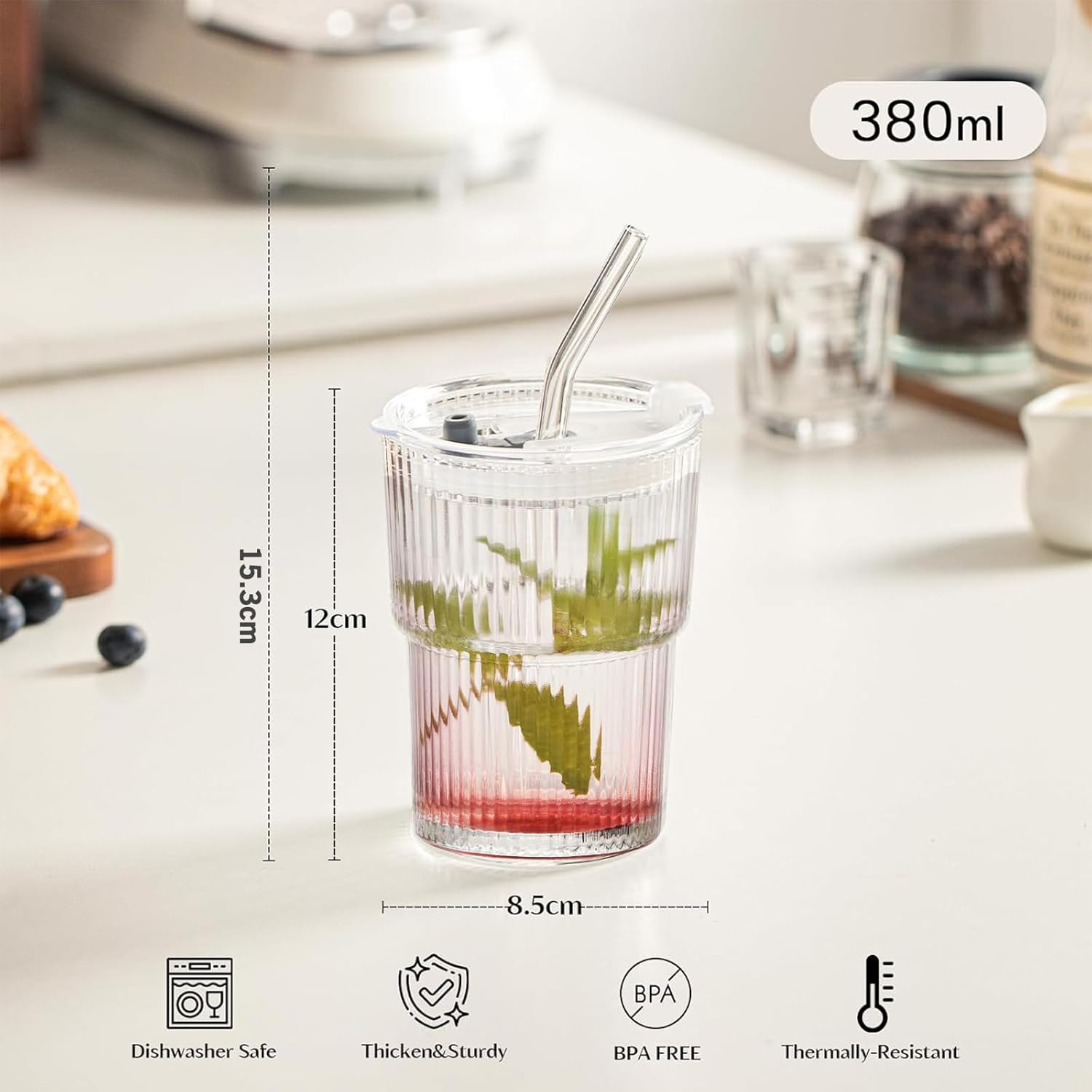 VITEVER 2-Pack 380Ml Glass Cups with Lids and Straws, Iced Coffee Cup with Straw, Airtight Waterproof Design Coffee Travel Mug, Smoothie Cups image number 6