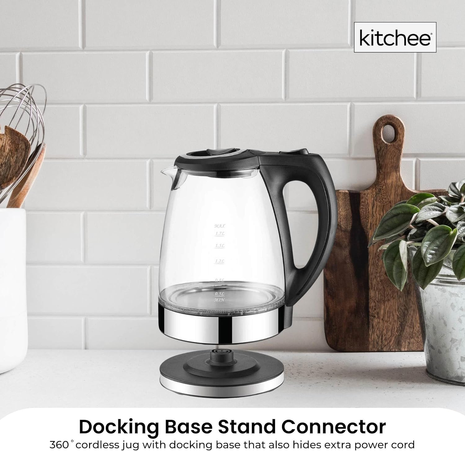 1.7L Electric Glass Kettle LED Blue Light 360 Automatic Cordless Water Boiling Jug image number 3