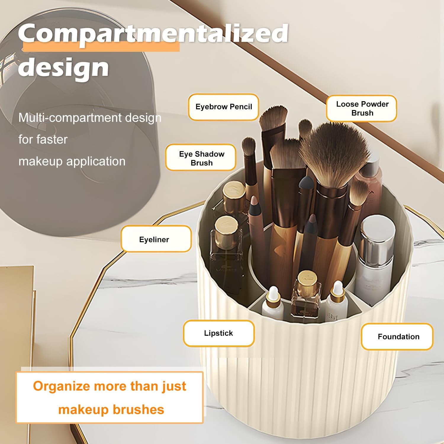 TORMEN Makeup Brush Holder Organizer with Lid 360&deg; Rotating Dustproof Compartment Cosmetic Display Case for Vanity Bathroom Countertop (White) image number 4