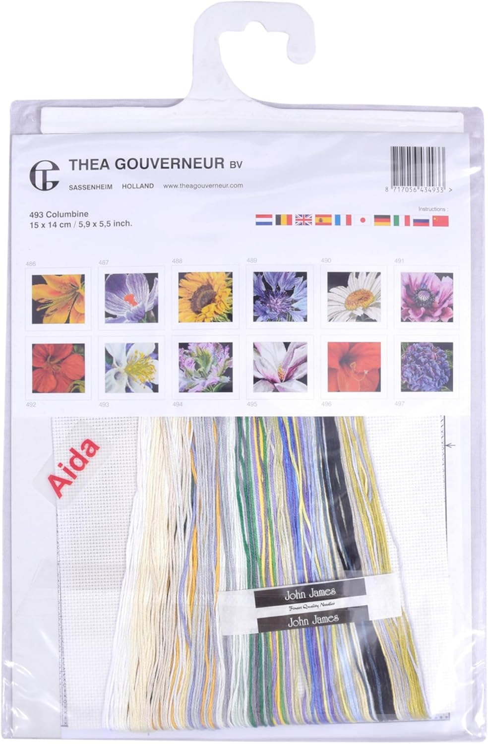 Thea Gouverneur - Counted Cross Stitch Kit - Columbine - Aida - 18 Count - Embroidery Kit for Adults - DMC Embroidery Threads and Other Cross Stitch Supplies Included - 493A image number 1