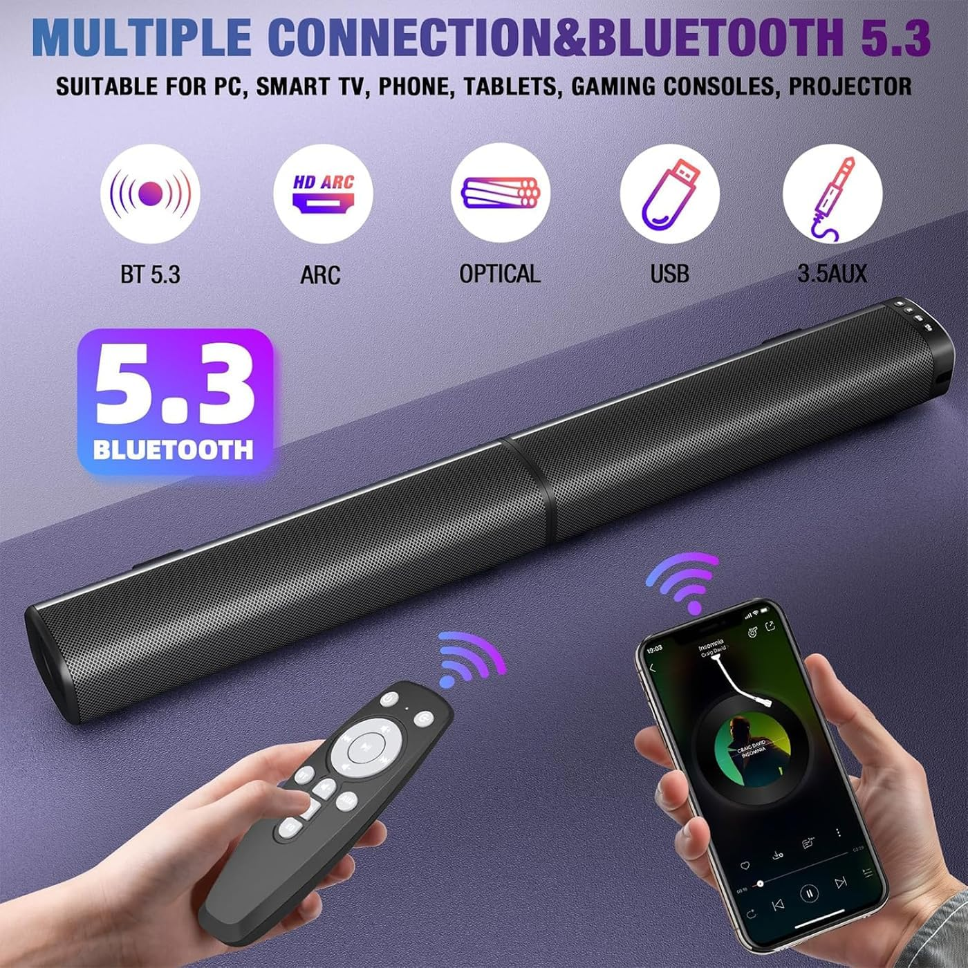 Soundbar for Smart TV, 100W Sound Bar Bluetooth 5.3 Soundbar, 2 in 1 Detachable Home Speaker Bass Effect, Home Theater Surround Sound, Arc/Optical/Aux/Usb Connections, for Tv/Pc/Projectors image number 2