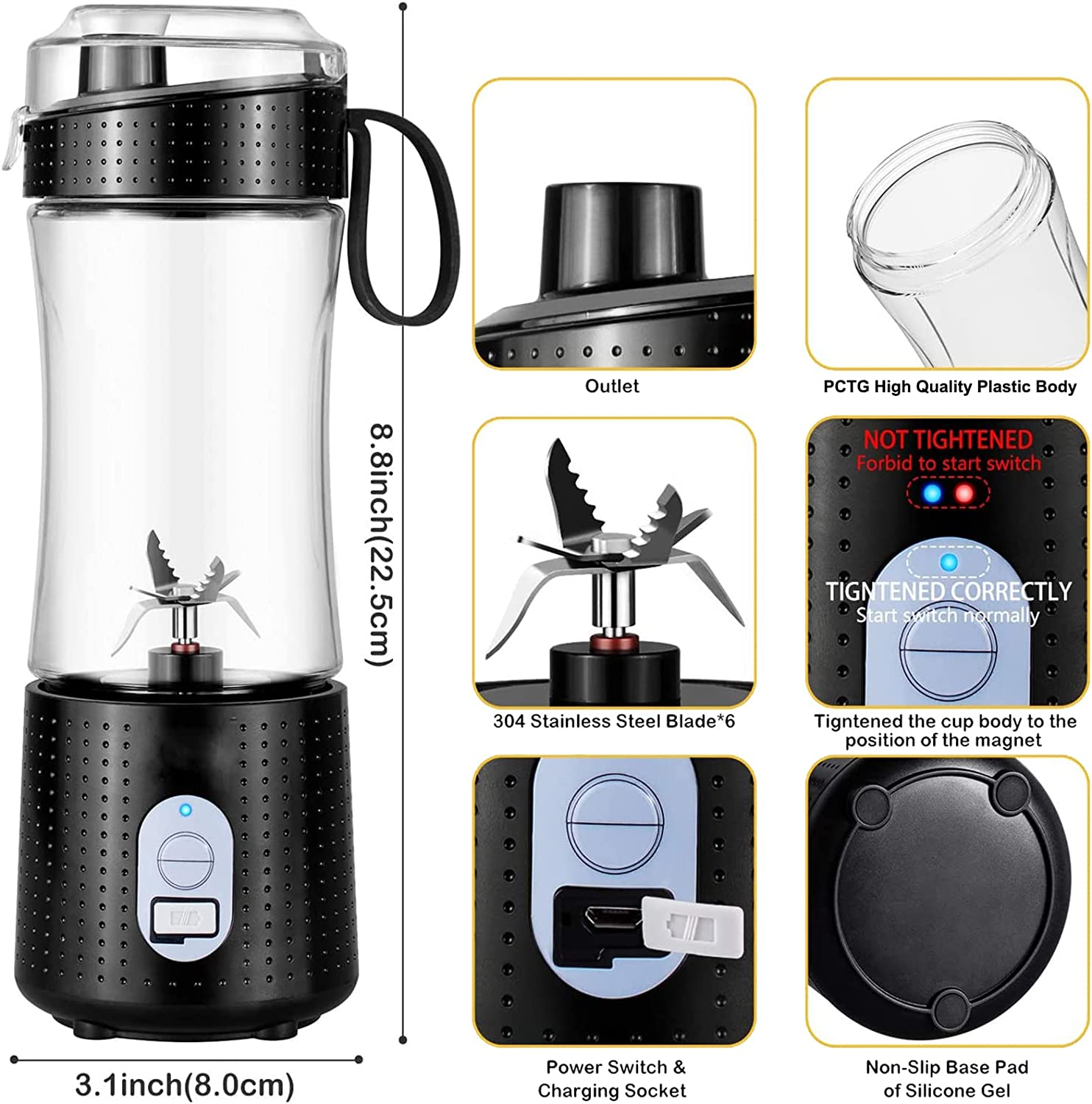 Portable Blender for Smoothies and Shakes, USB-C Rechargeable, 6 Stainless Steel Blades, 13Oz, Bpa-Free Fruit Protein Cup for Outdoor Travel Family and Sports Bottles (13Oz/400Ml)