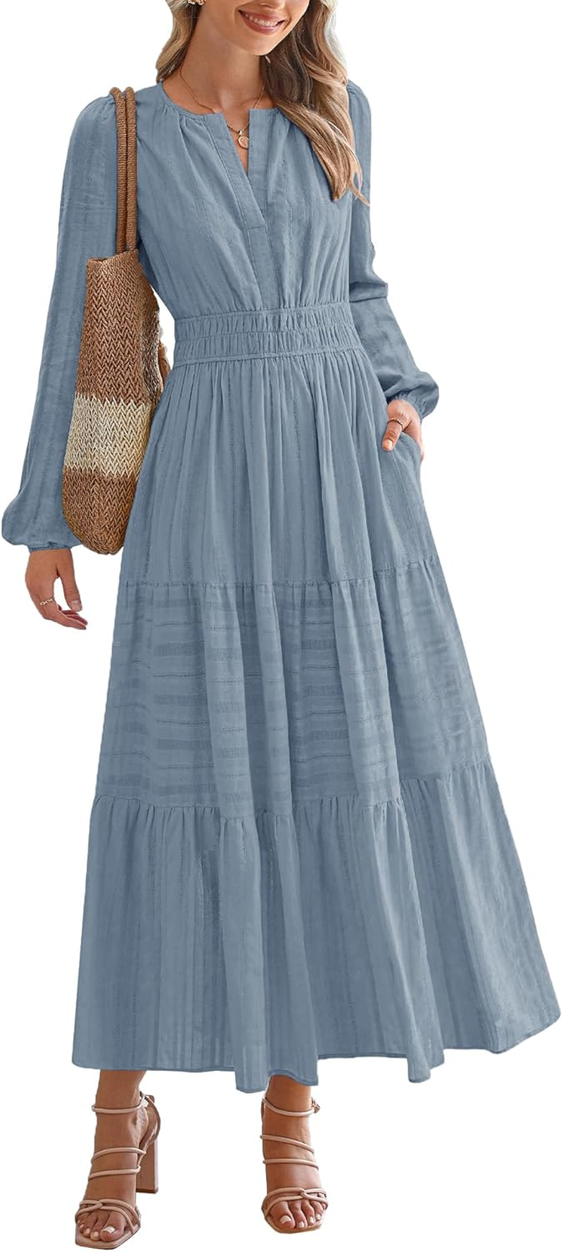 Nursing Fall Dresses for Women Puff Long Sleeve V Neck Tiered Wedding Guest Maxi Dress with Pockets image number 2