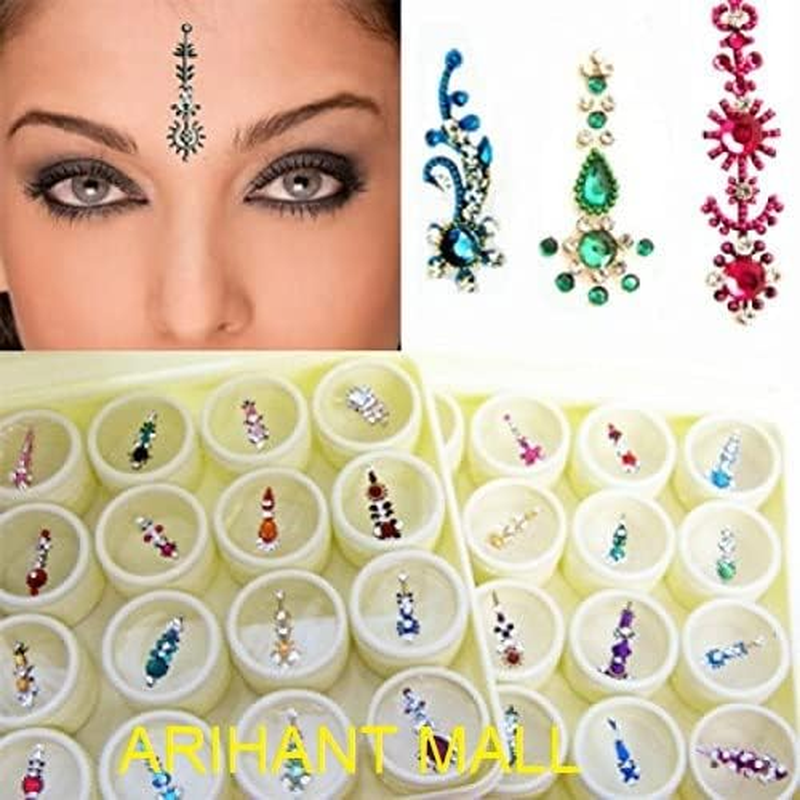 ATCUSA Multicolored Long Crystal Bindi Forehead Tika - Pack of 12 Bindis with Extra Stones