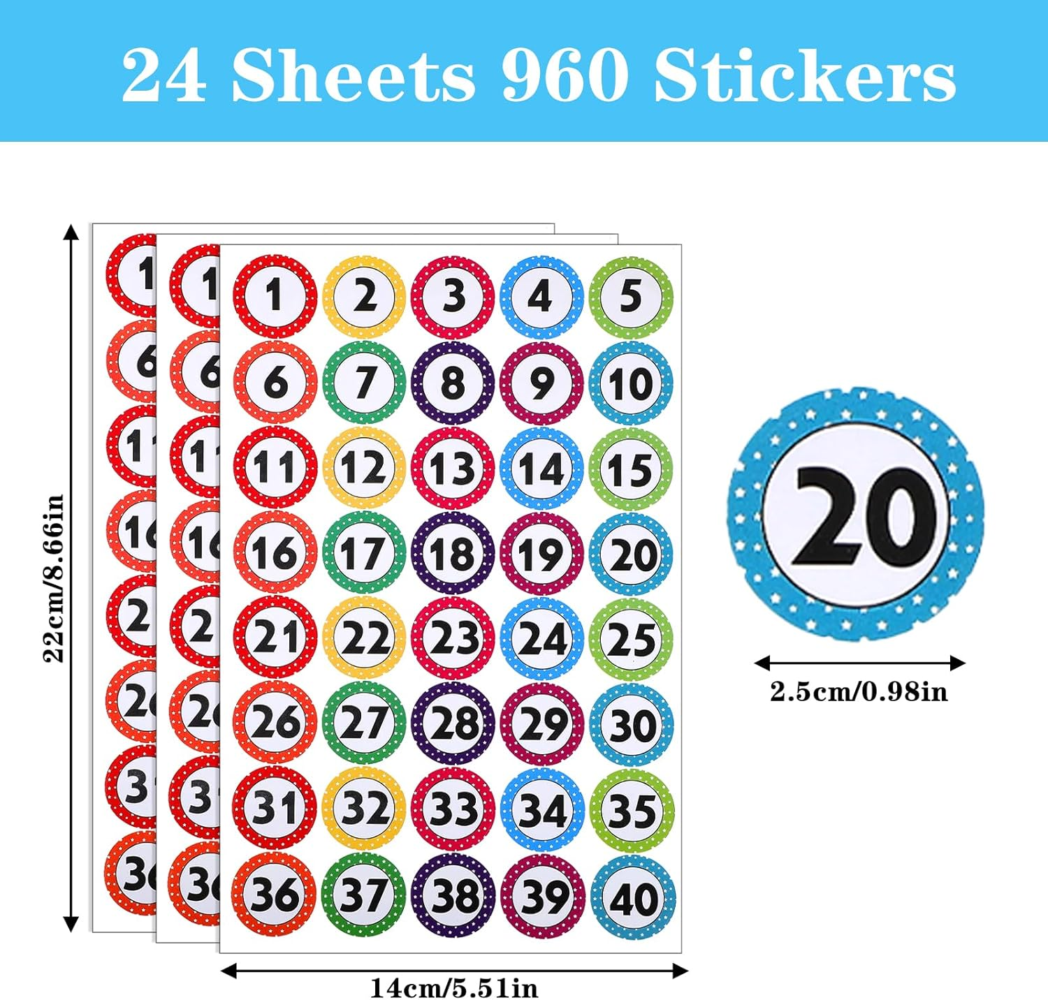 1 Inch Number Stickers 1-40, 24 Sheets Consecutive Numbers Labels, 1 to 40 Inventory Sticker, Removable Dot Stickers Number Labels for Classroom, Office, Storage, Indoor, Boxes image number 3