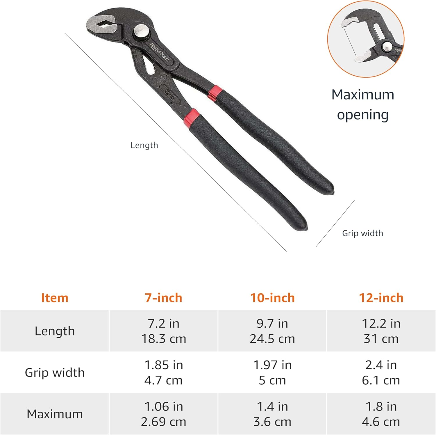 Amazon Basics 3-Piece Quick Release Groove Joint Pliers Set - Drop Forged Chrome Vanadium Steel, Includes 17.78Cm,25.4Cm, and 30.48Cm image number 6