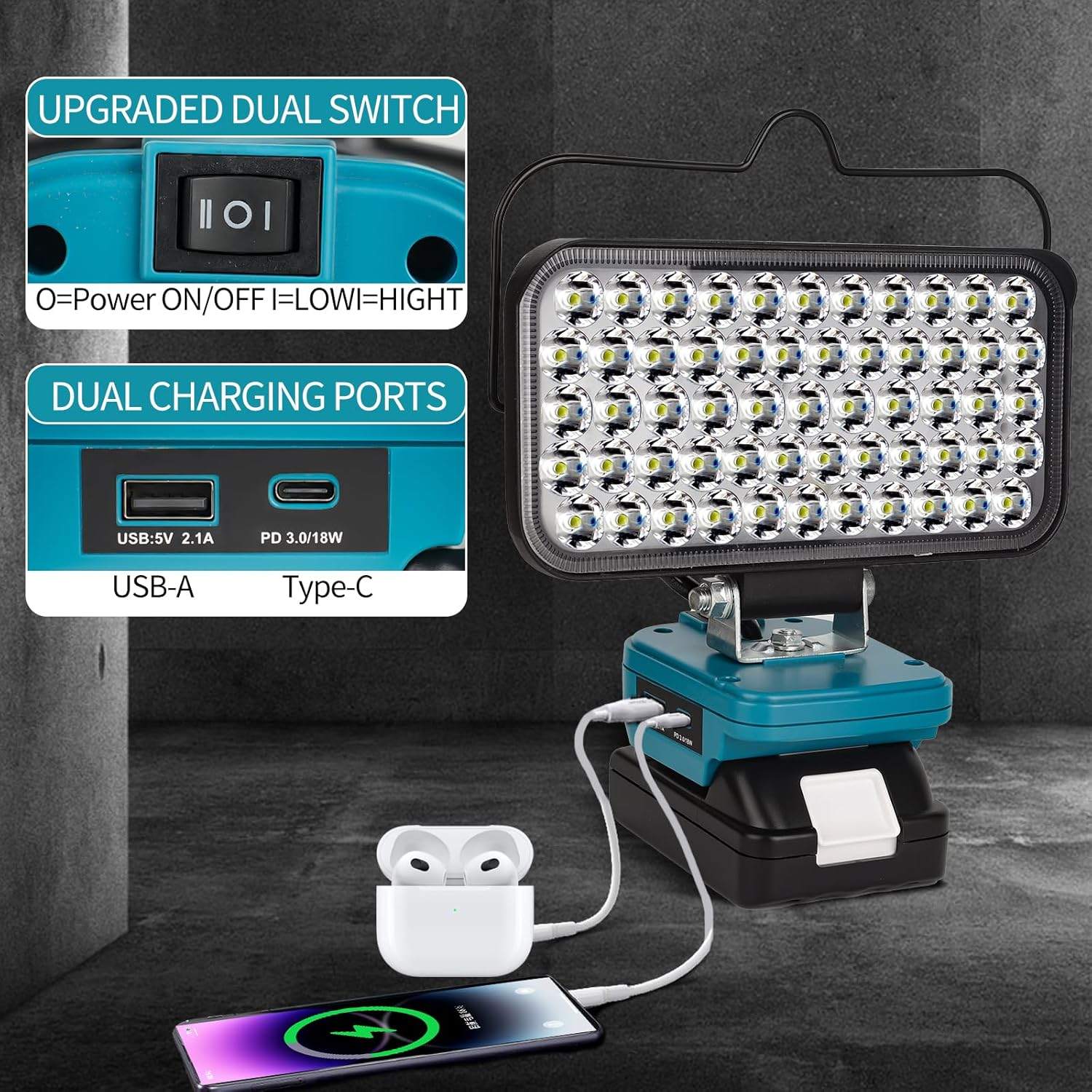 Cordless LED Work Light for Makita 18V Battery, Portable Flood Lights 174W Spotlight Compact Lighting 10800LM with Type C & USB Fast Charging for Camping, Hiking, Fishing,Power Failure,Workshop