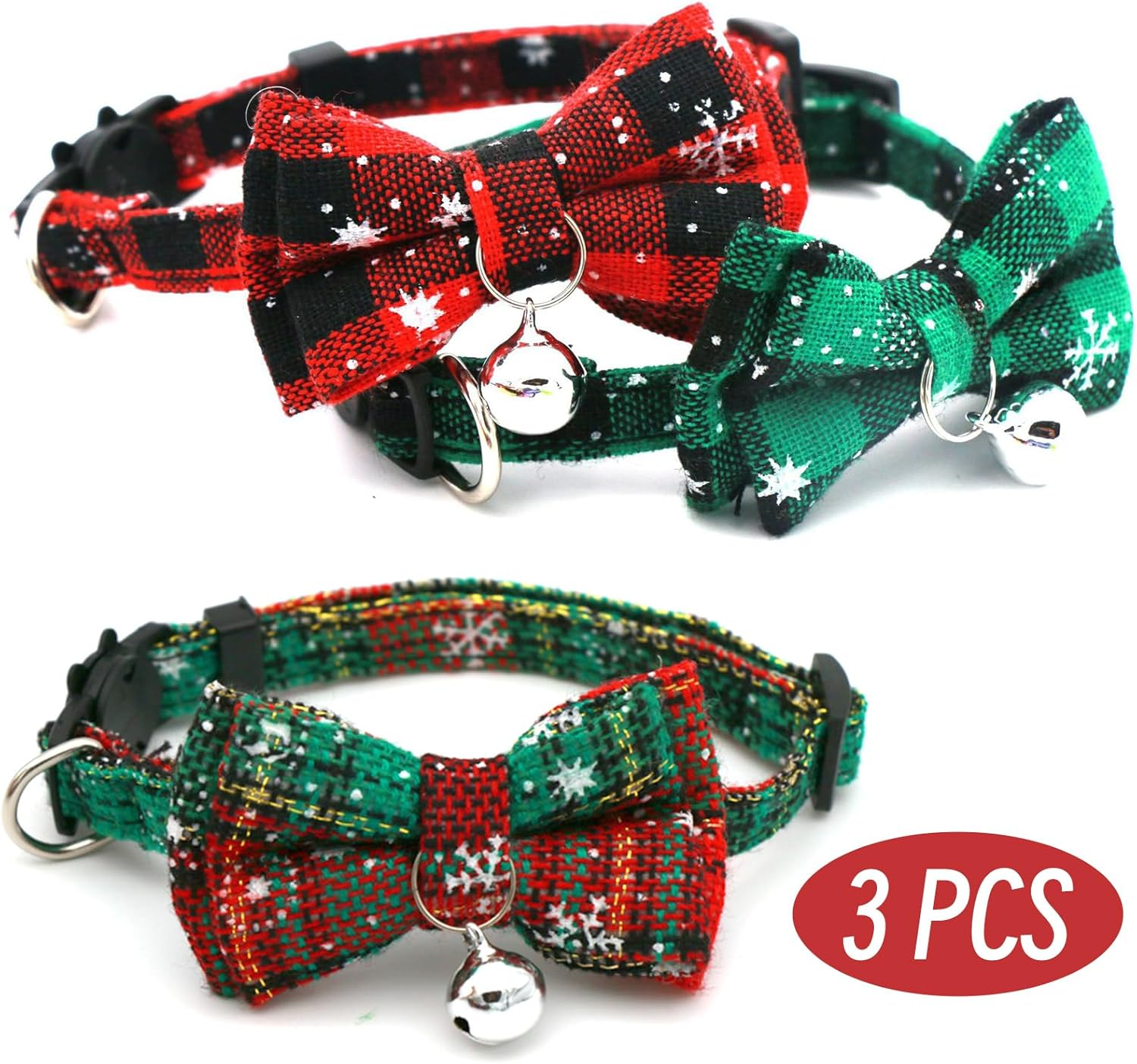 Pack of 3 Christmas Cat Collar Adjustable, Red Green Checked Snowflakes Cat Collars with Bow Tie & Bells Christmas Cat Costume Accessories Accessories, Easy to Wear and Remove image number 5