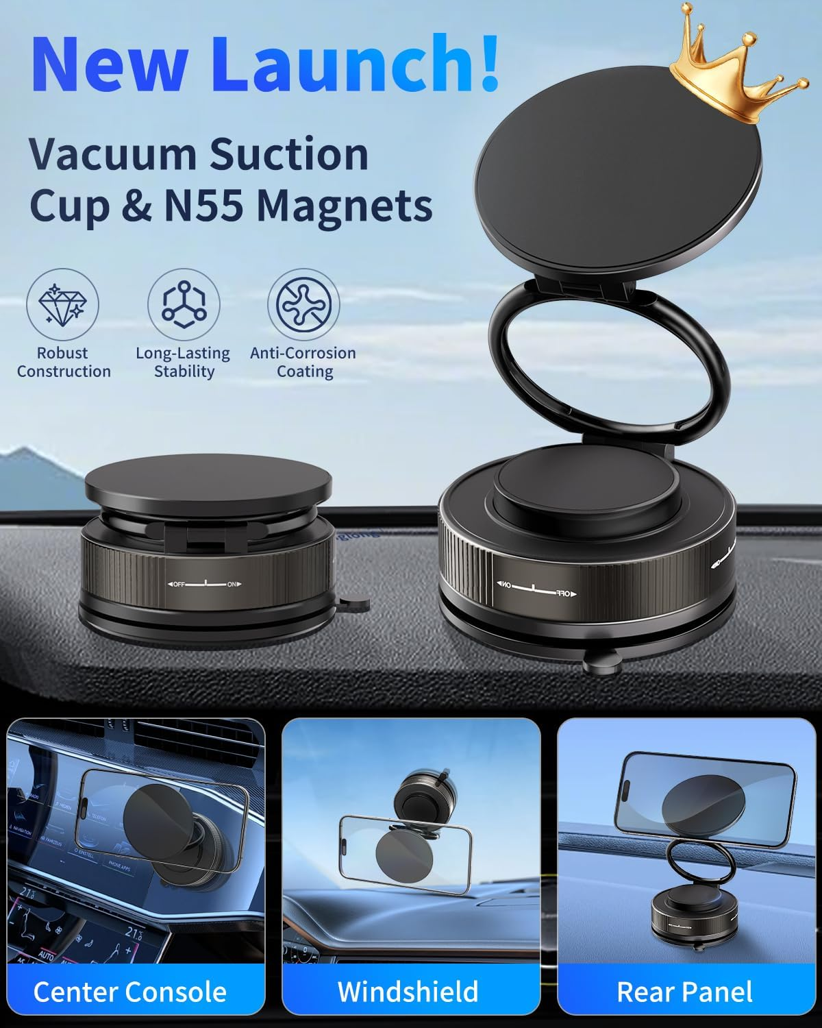 Guanjunteam 2025 Car Phone Holder, 24 N55 Magnets & Vacuum Suction, 360&deg; Adjustable One-Handed Operation, Fits Iphone 16/15/14/13/12, Google Pixel, All Car Accessories (Black) (N55)