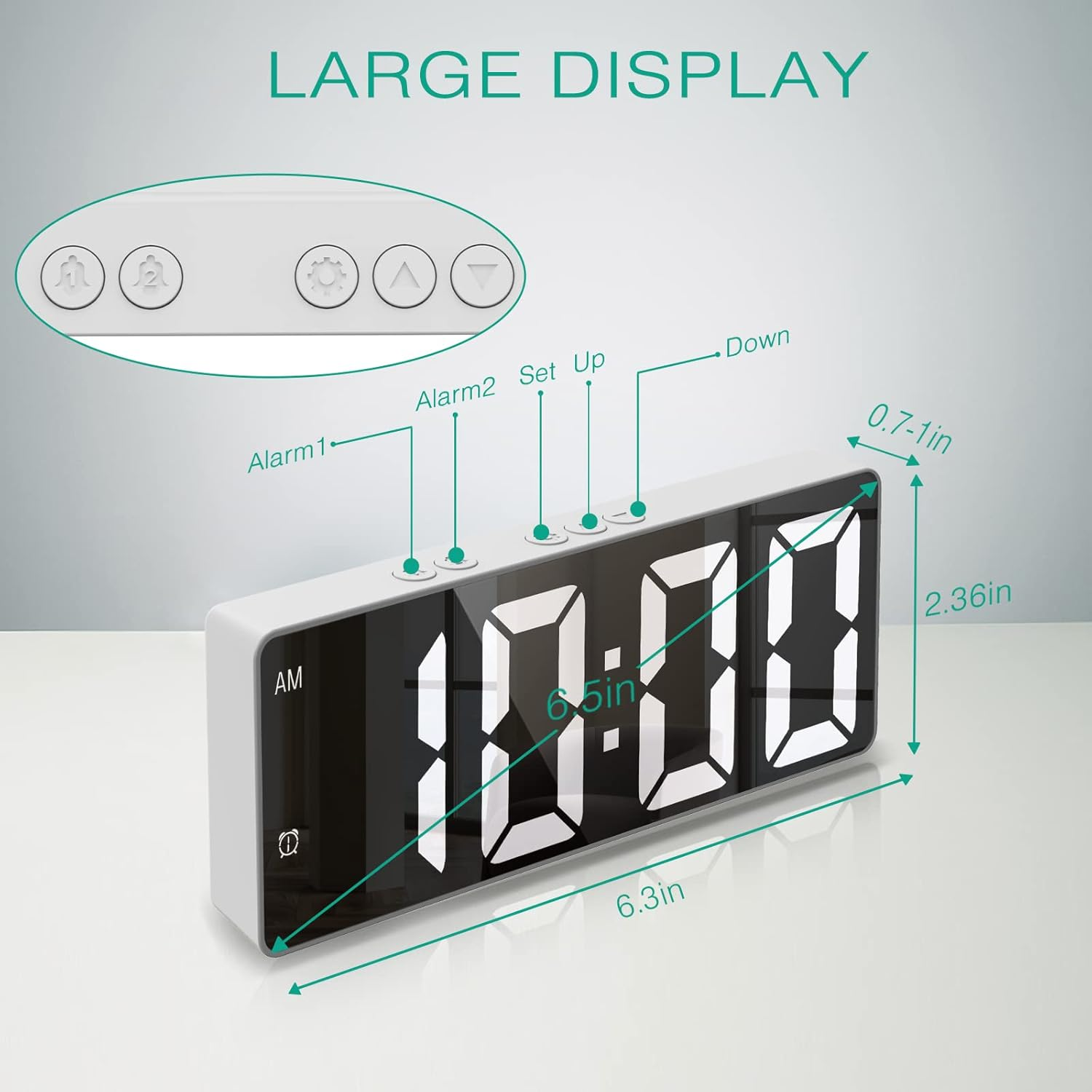 ORIA Digital Alarm Clock, LED Alarm Clock with Large Display, Desk Clock with Temperature, Dual Alarm, Snooze, Sound Control Function, USB Charging Bedside Clock for Bedroom, Office -White image number 5