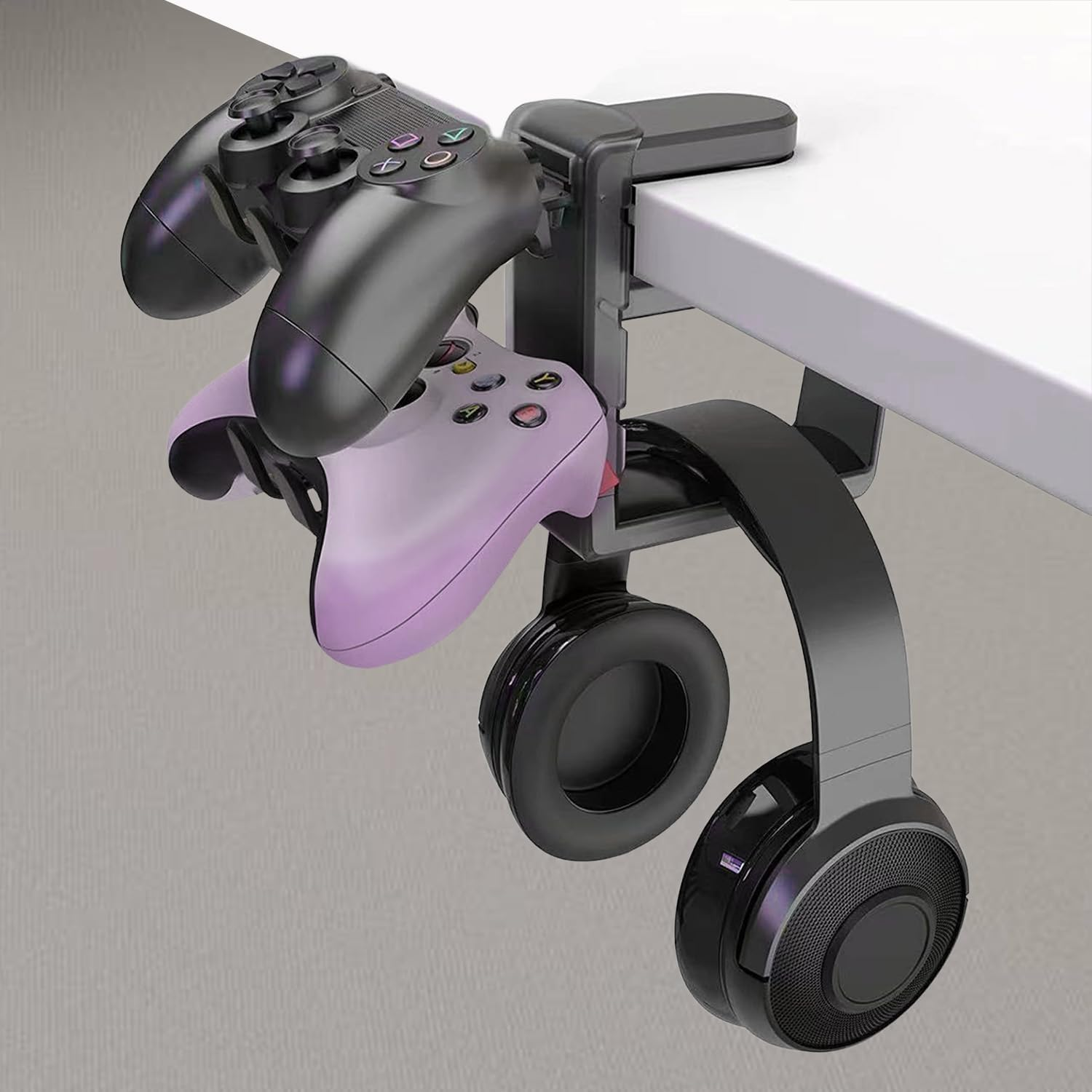 Kaoruo 3 in 1 Headphone Stand with Adjustable Clip and 2 Controller Holders and Rotating Arm, Headphone Stand PC Game Controller Holder, Gaming Universal PC Gaming Accessories image number 2