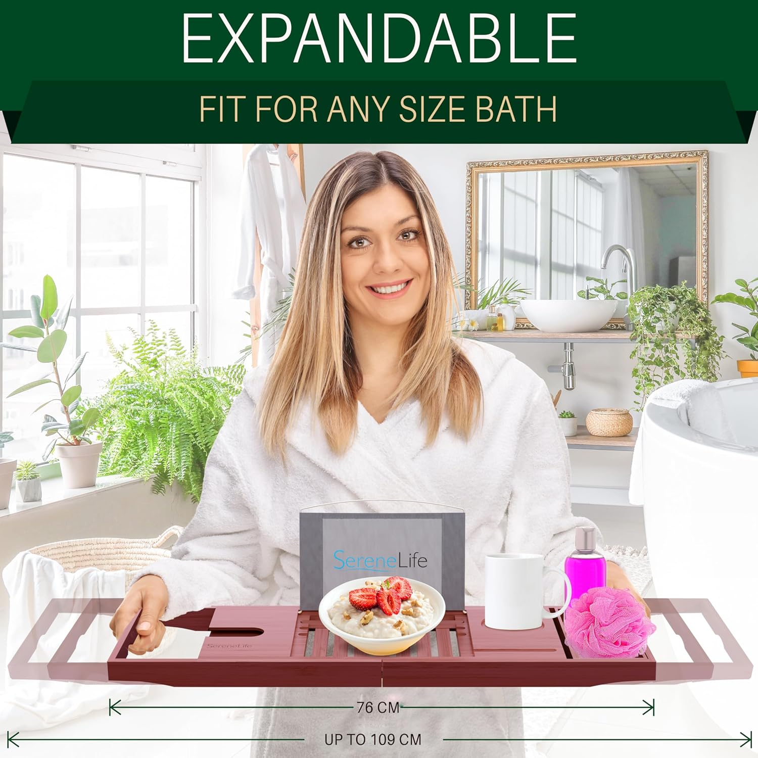 Serenelife Bamboo Bathtub Caddy with Luxury Gift Box and Red Gifting Ribbon Extendable & Adjustable Tray with Device/Book Holder with Removable Trays for Bath Accessories (Stain Brown) image number 1