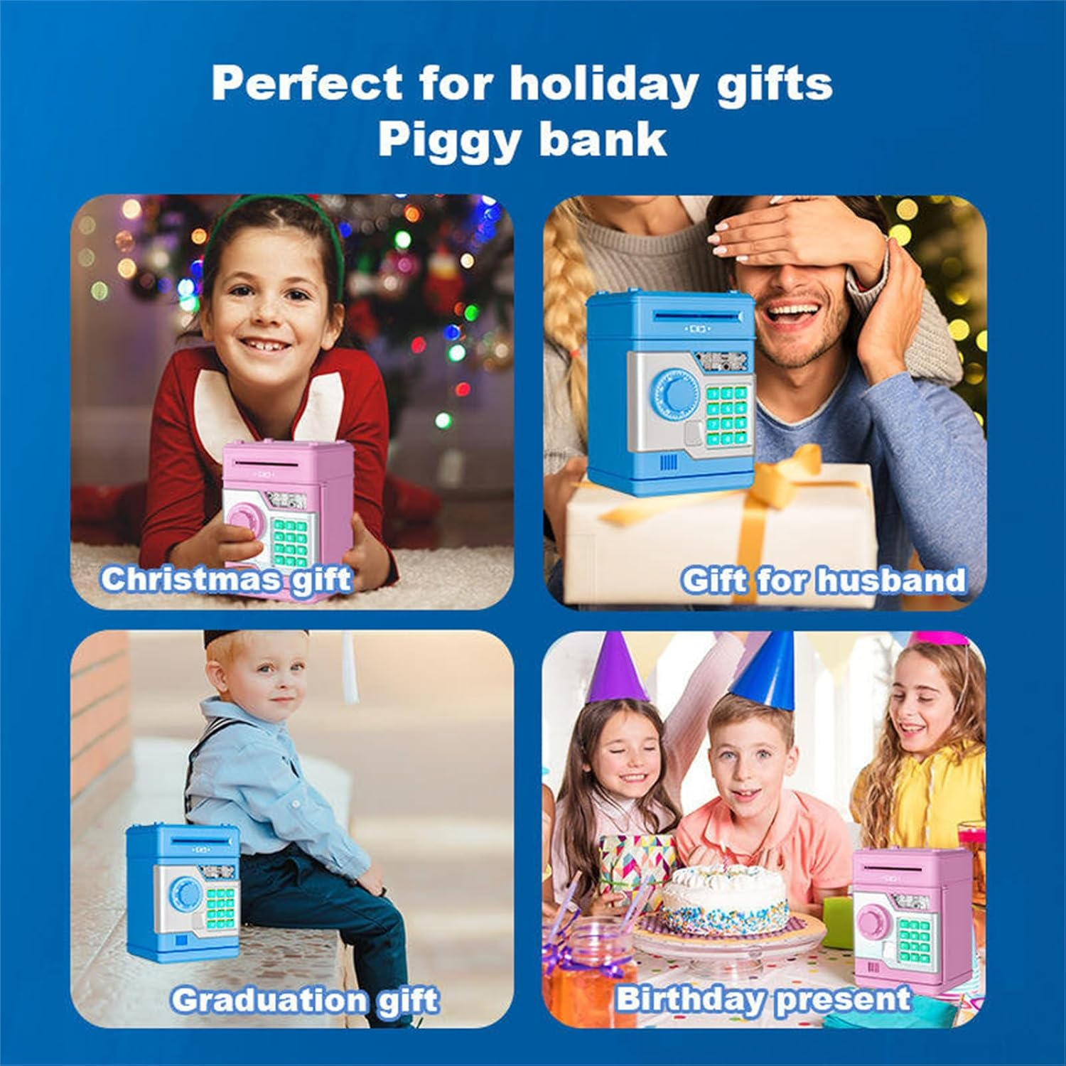 Electronic Piggy Bank for Kids, ATM Money Bank with Password Lock & Auto Cash Roll, Educational Mini ATM Saving Box, for Boys Girls Ages 5-12 Gifts (Blue) - Black image number 5