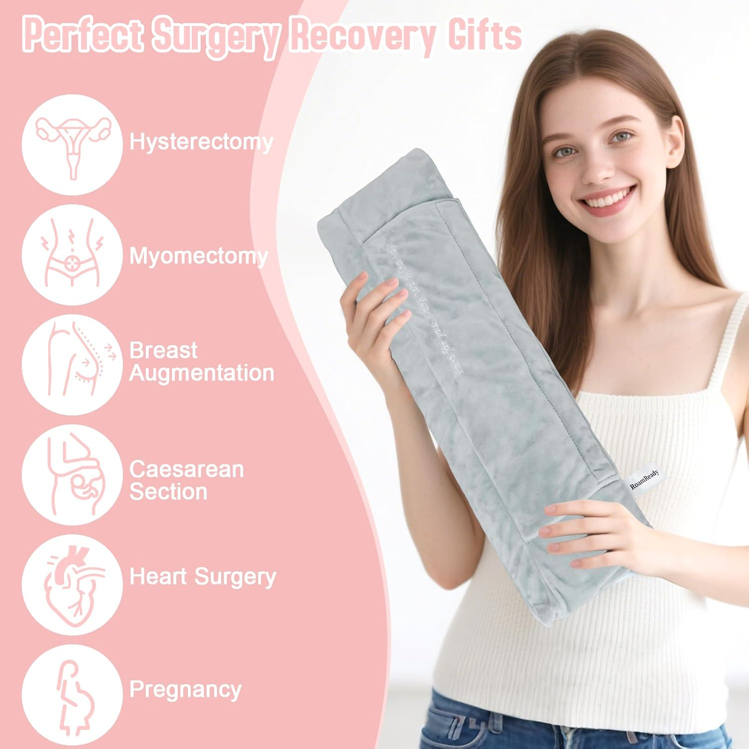 Roamready Seat Belt Pillow Post Surgery, Mastectomy Pillow for Hysterectomy Recovery Must Haves, Minky Protector for Breast Cancer, Heart Surgery Recovery Gifts, Light Gray image number 5