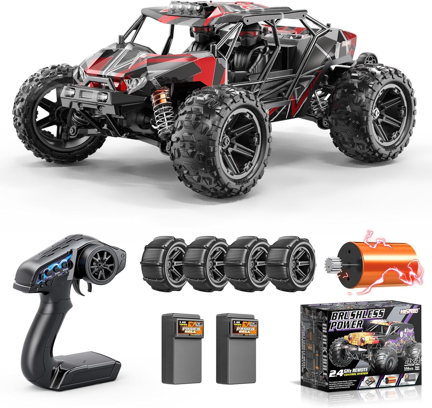 1/14 Brushless RC Car for Adults and Boys, Full Roll-Cage Frame, 4WD High-Speed 50 Km/H, All-Terrain Remote Control RC Truck with Two 2S 1500 Mah Lipo Batteries, Compatible with 3S Lipo image number 2