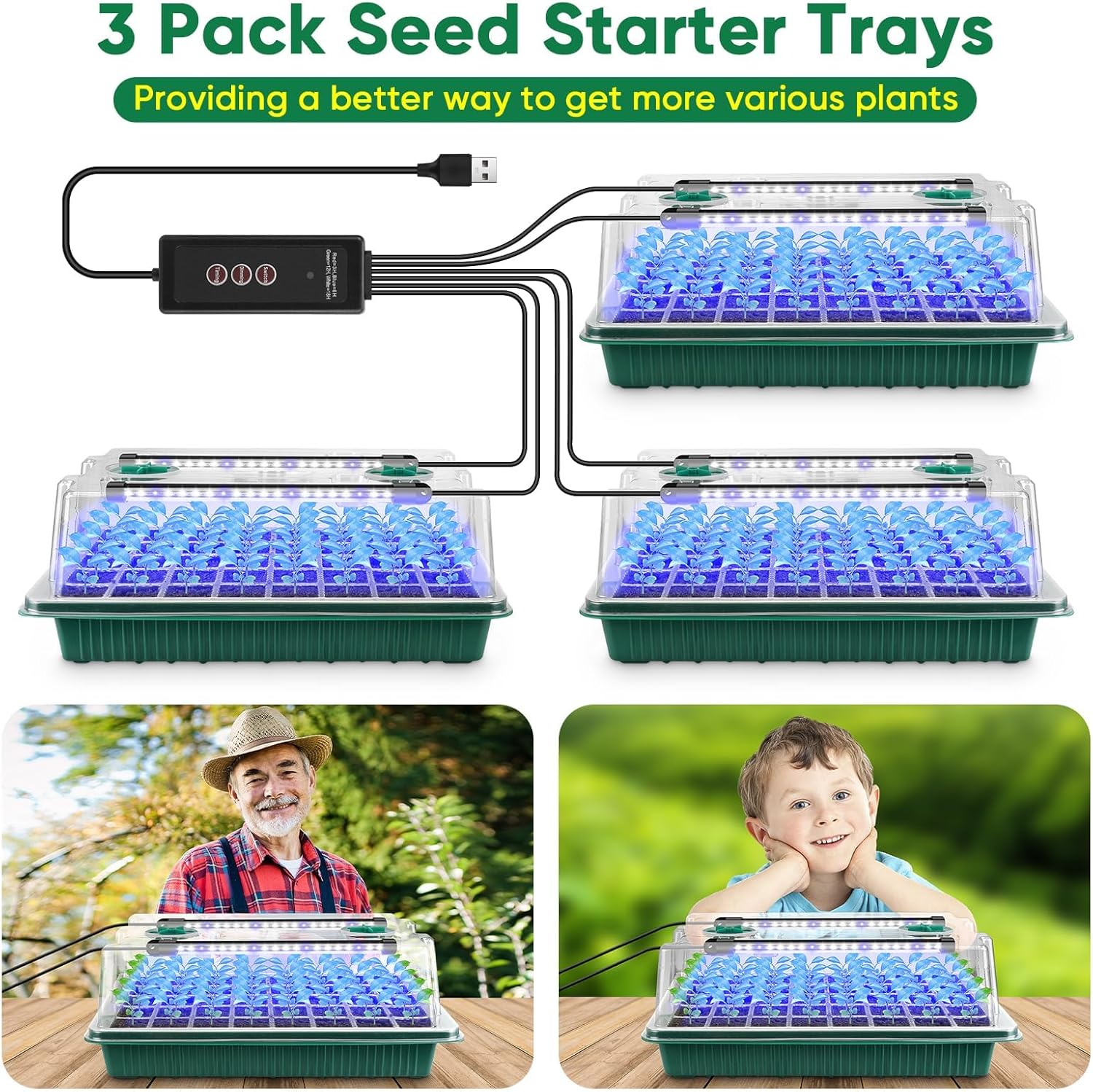 Kitchess 3 Pack Seedling Tray 120 Cells, Seed Starter Tray with 6 LED Plant Grow Lights, Seed Starter Germination Kit with Humidity Dome, Adjustable 5 Brightness Modes & 3 Timing image number 6