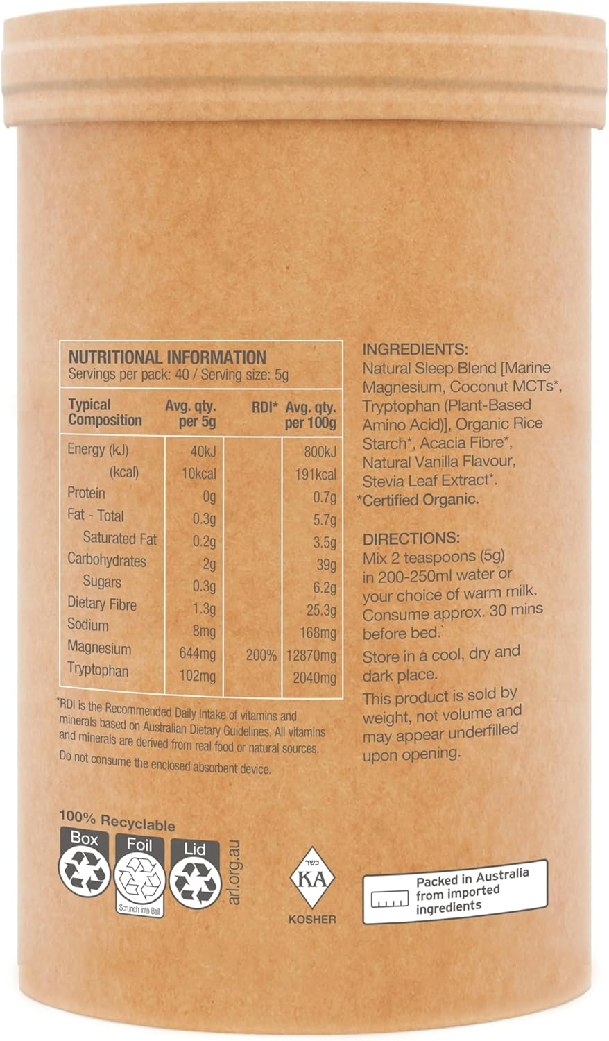 Raw Real Food Nutrients Sleep Magnesium - Dreamy Vanilla, Coconut Mcts, Sustainably Sourced, Vegan, GMO Free, Gluten-Free, 200% RDI, 200G image number 2