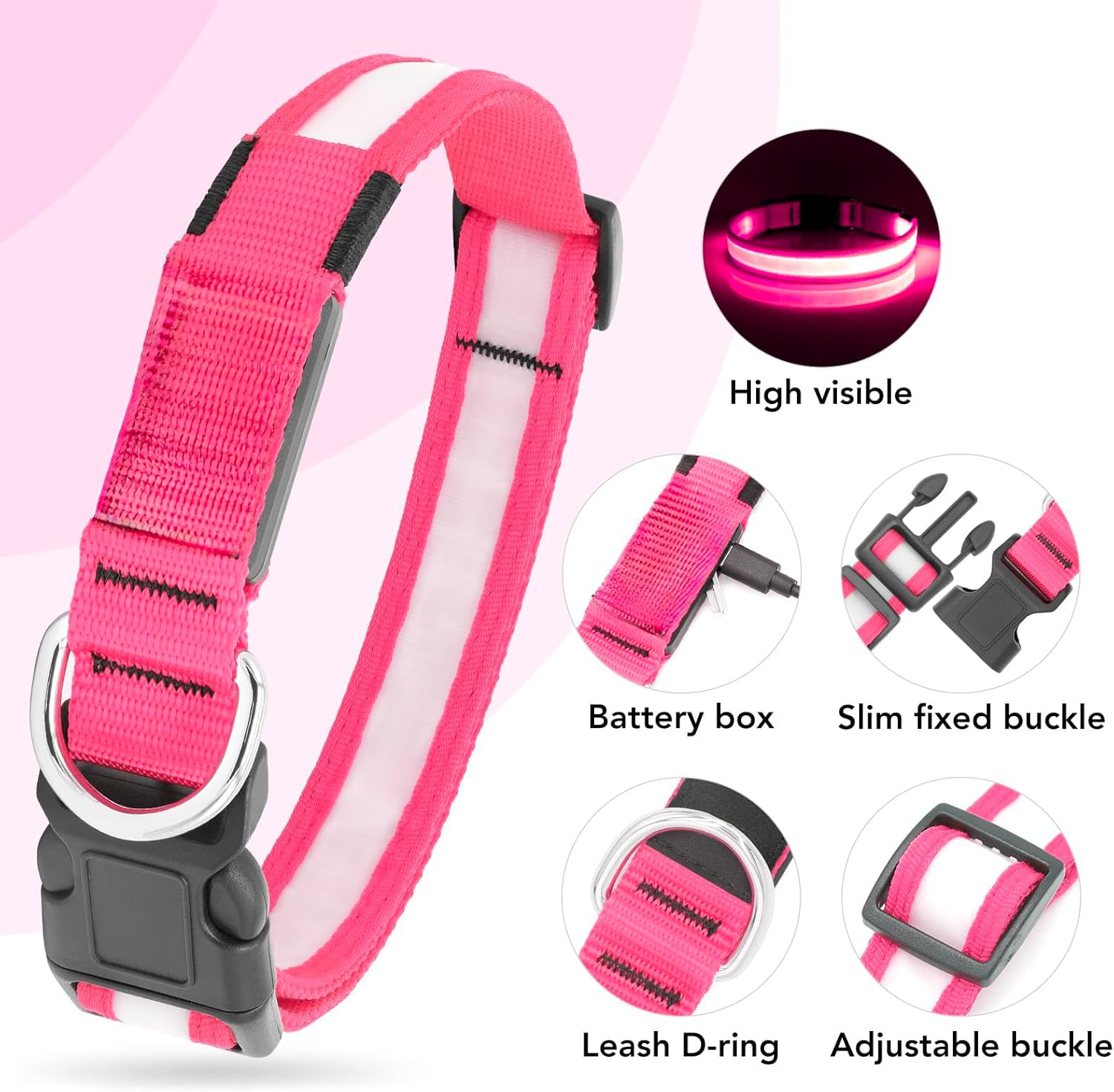 LED Dog Collar,Light up Dog Collars Rechargeable Lighted Dog Collar Glowing Dog Night Walking Collar 3 Colors for Choice(With Airtag Holder) image number 2