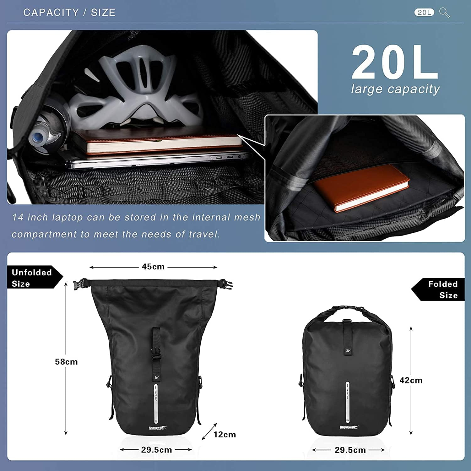 Rhinowalk Bike Pannier Bag, Waterproof Rack Bicycle Bag 20L, Bike Bag Shoulder Bag Laptop Pannier Backpack Professional Cycling Accessories-Black image number 6
