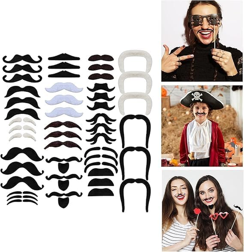 Fake Moustache, Fake Mustache Set, Various Styles Novelty Mustache Stickers for Men Women, Self Adhesive Fake Beard Funny Fake Mustache for Halloween Masquerade Party (White+Black) image number 5